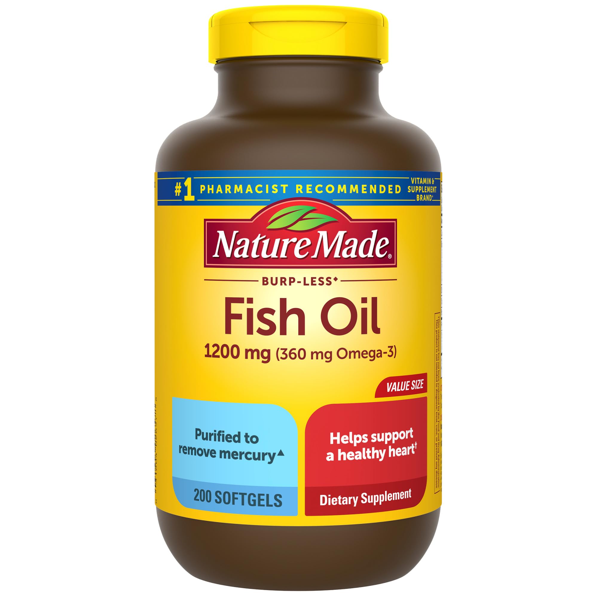 Nature Made Fish Oil Omega 3 Supplements, 1200 mg Softgels, Omega 3 Fish Oil for Healthy Heart Support, 230 Softgels, 115 Day Supply