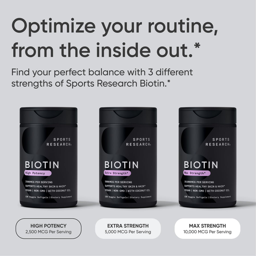 Sports Research® Biotin 10,000mcg with Organic Coconut Oil - Biotin (Vitamin B7) for Healthy Skin and Hair Support* - for Women and Men - Vegan, Non-GMO, Gluten & Soy-Free - 120 Veggie Softgels