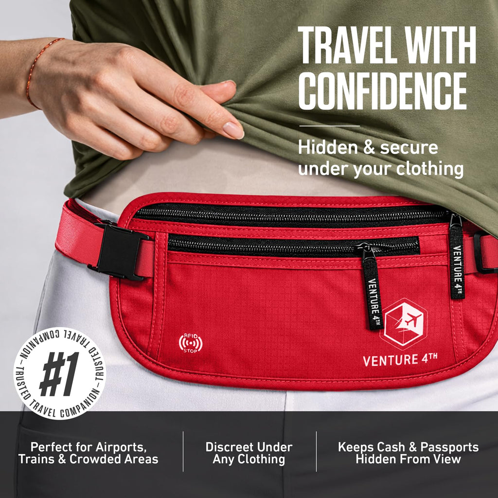 VENTURE 4TH Money Belt for Travel – Hidden Under-Clothes RFID Blocking Passport Holder & Slim Travel Wallet Pouch for Men & Women to Protect Cash, Cards & Documents (Gray)