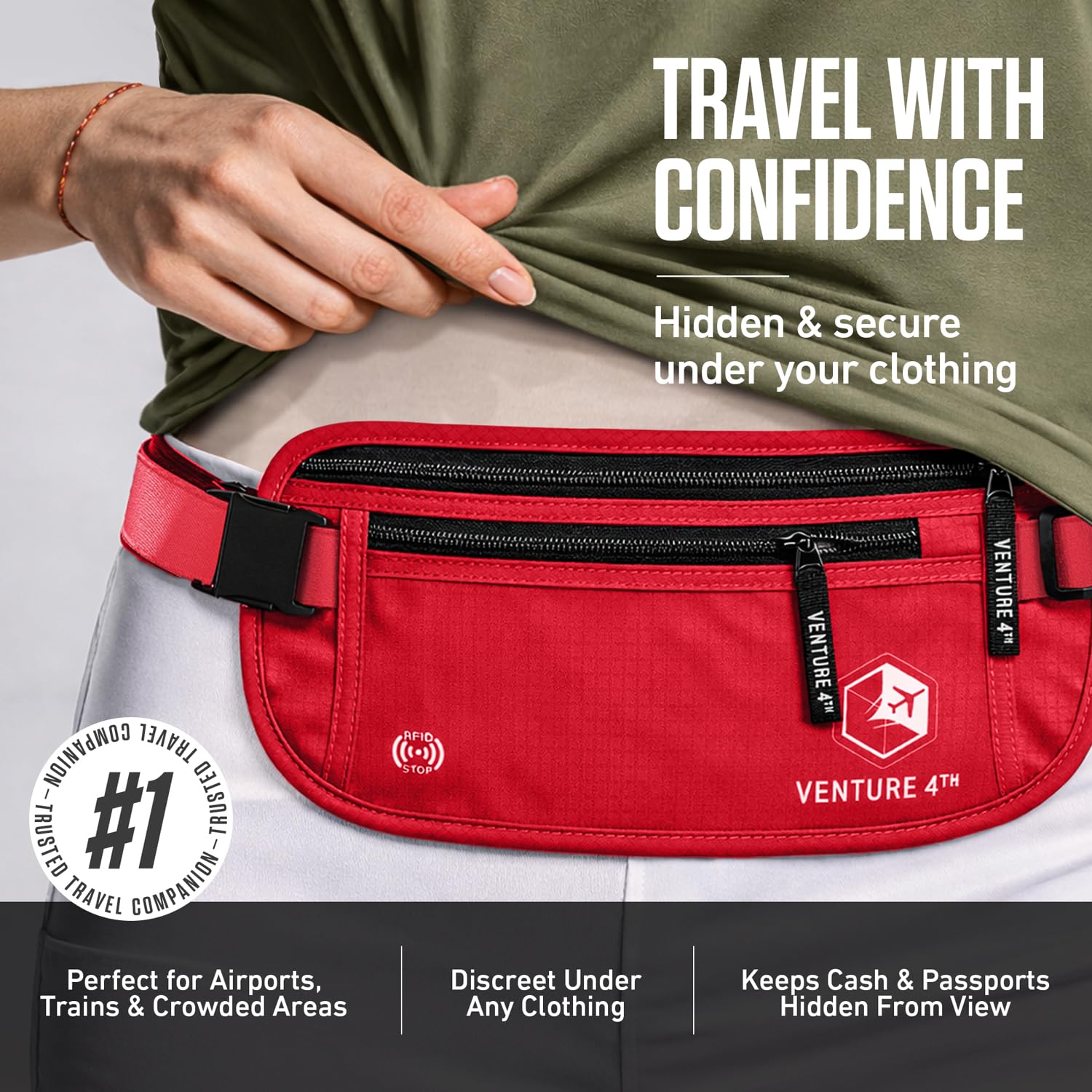 VENTURE 4TH Money Belt for Travel – Hidden Under-Clothes RFID Blocking Passport Holder & Slim Travel Wallet Pouch for Men & Women to Protect Cash, Cards & Documents (Gray)