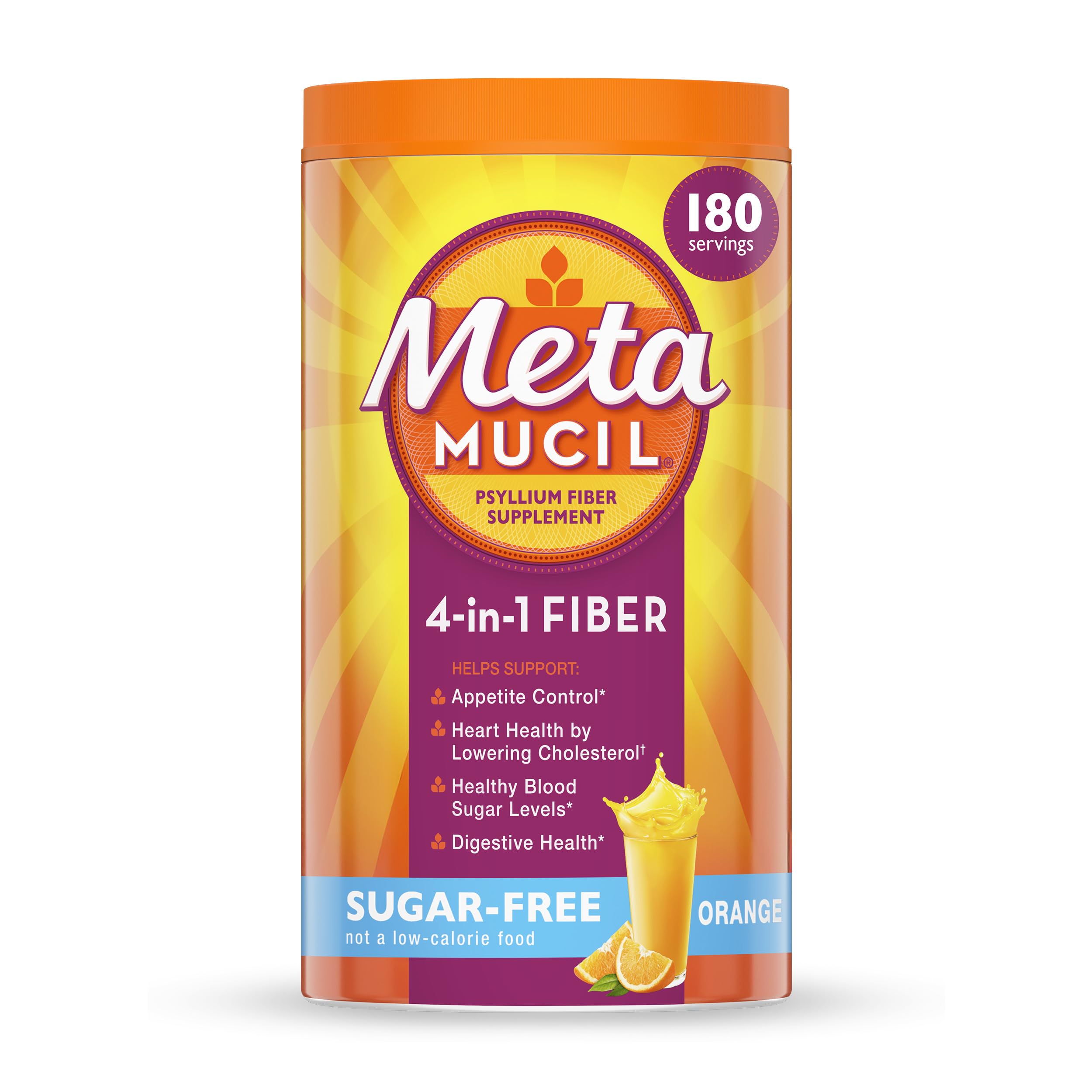 Metamucil 4-in-1 Psyllium Husk GLP-1 Friendly Fiber Supplement, Sugar-Free, 180 teaspoons, Orange Flavored, Daily Fiber Powder for Digestive Health, made with Plant-Based Psyllium Husk Fiber