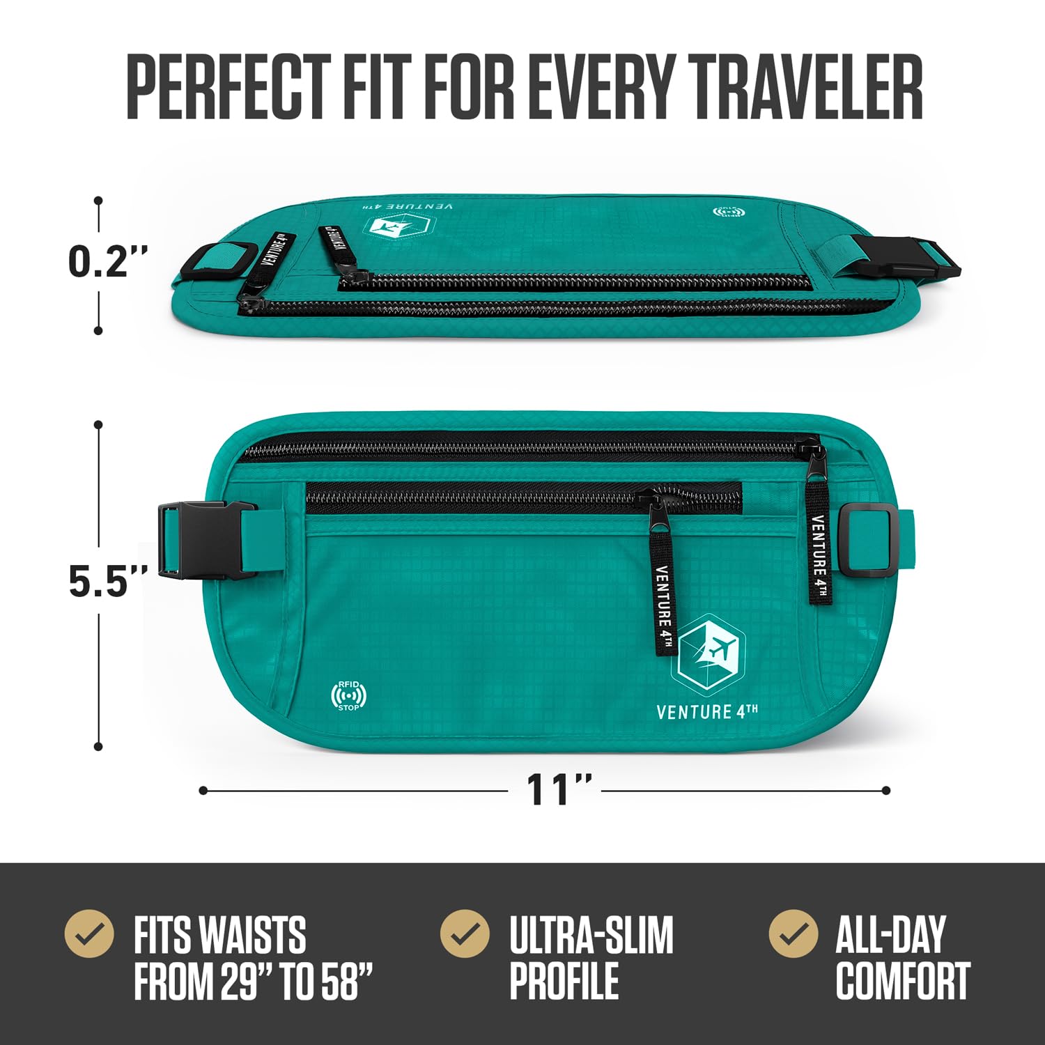 VENTURE 4TH Money Belt for Travel – Hidden Under-Clothes RFID Blocking Passport Holder & Slim Travel Wallet Pouch for Men & Women to Protect Cash, Cards & Documents (Gray)