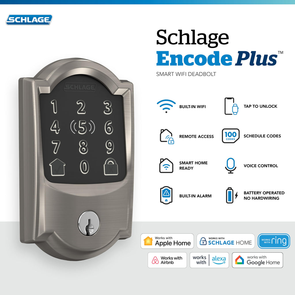 Schlage Encode Plus Smart Wi-Fi Lock for Front Door, Keyless Entry Deadbolt, Unlock with Apple Watch, Built-in WiFi and App Control, Easy Install, Alexa & Apple HomeKit Compatible, Satin Nickel