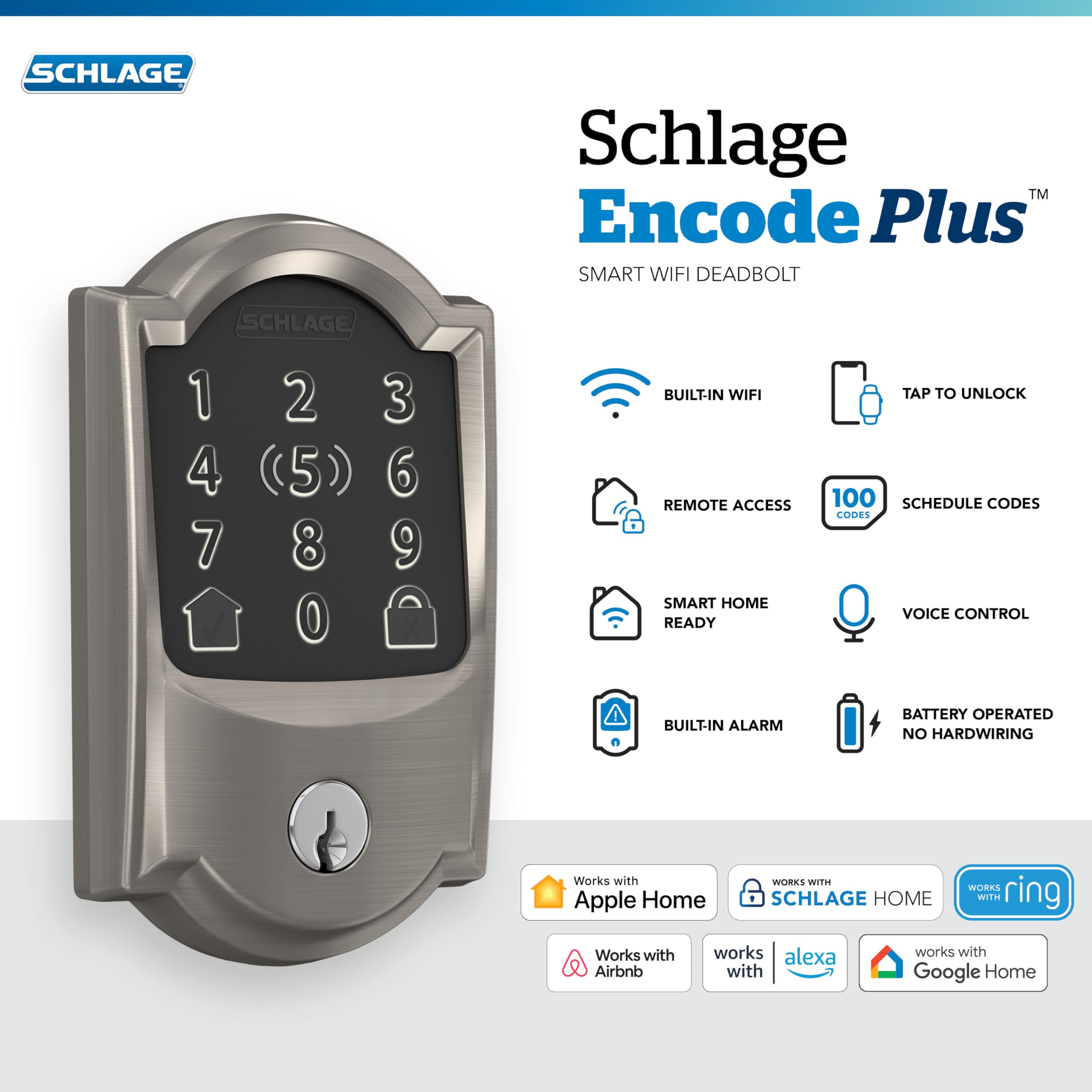 Schlage Encode Plus Smart Wi-Fi Lock for Front Door, Keyless Entry Deadbolt, Unlock with Apple Watch, Built-in WiFi and App Control, Easy Install, Alexa & Apple HomeKit Compatible, Satin Nickel