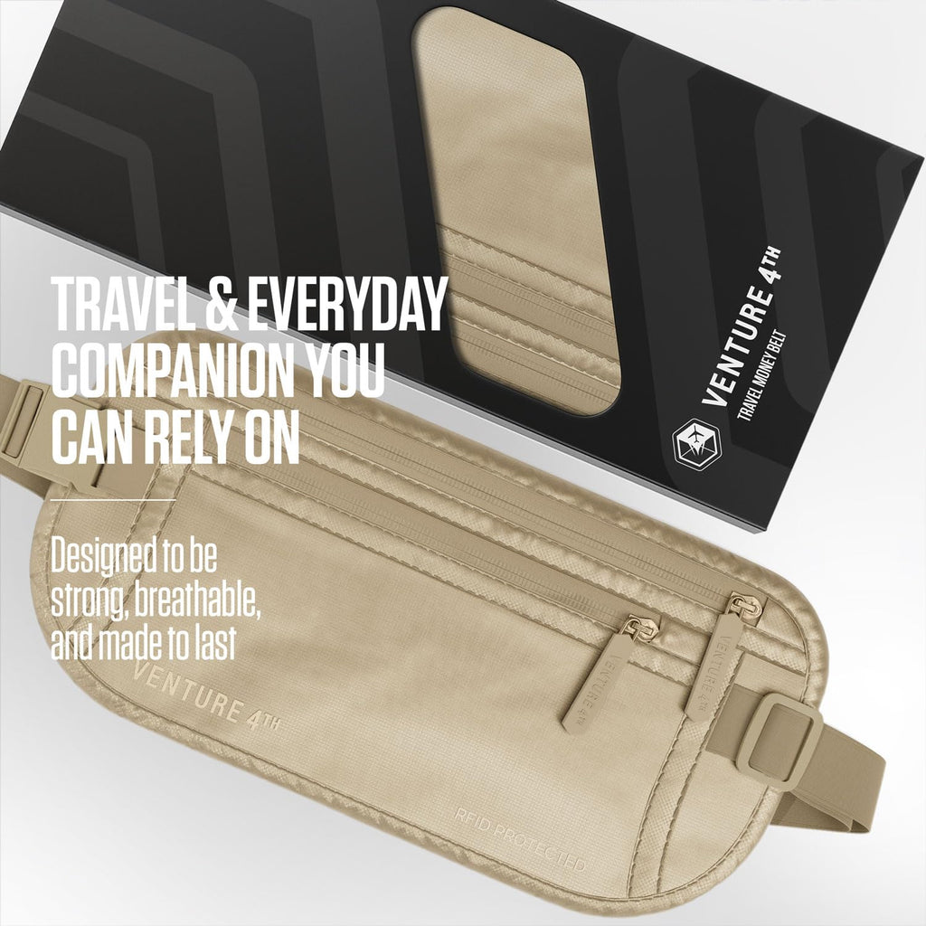 VENTURE 4TH Money Belt for Travel – Hidden Under-Clothes RFID Blocking Passport Holder & Slim Travel Wallet Pouch for Men & Women to Protect Cash, Cards & Documents (Gray)