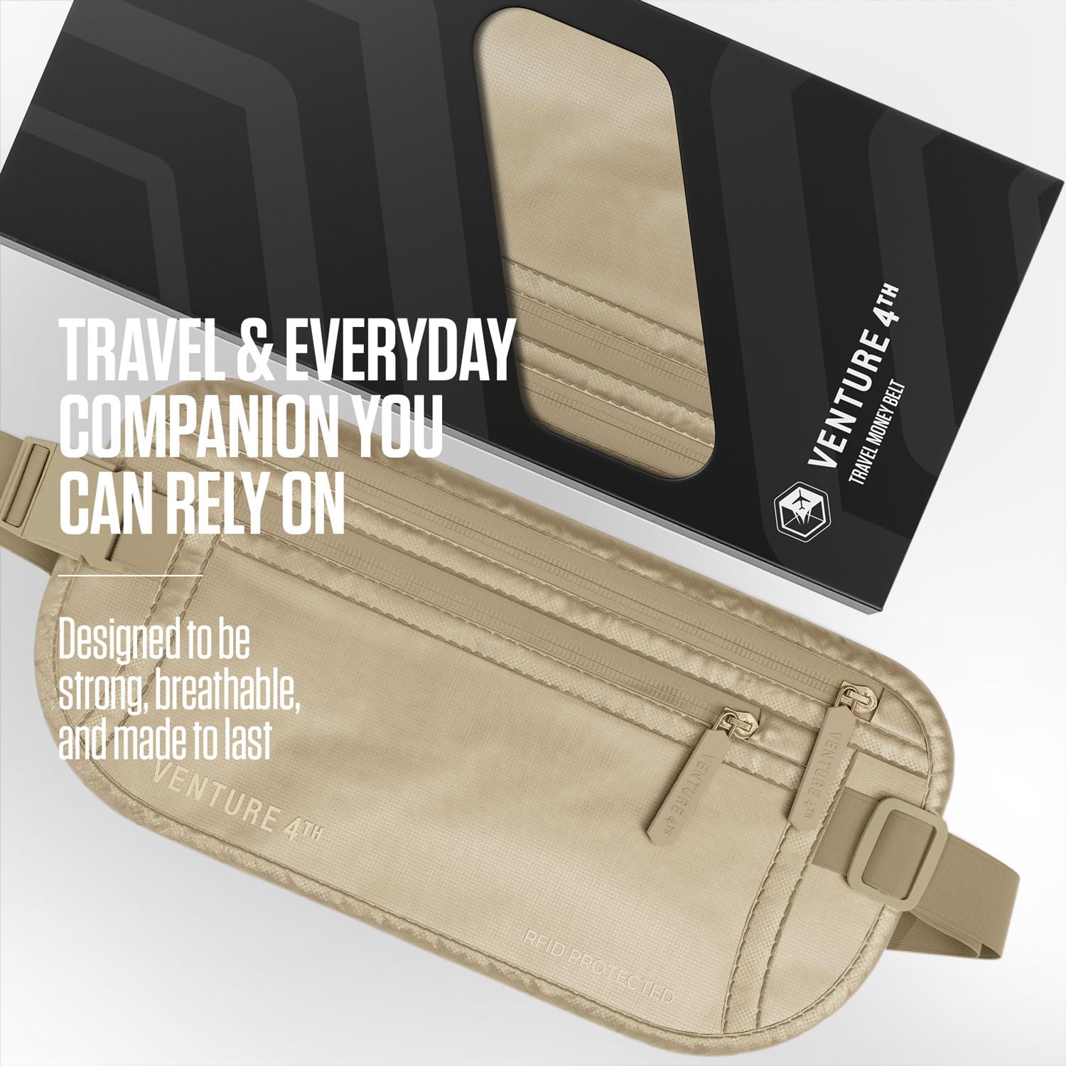 VENTURE 4TH Money Belt for Travel – Hidden Under-Clothes RFID Blocking Passport Holder & Slim Travel Wallet Pouch for Men & Women to Protect Cash, Cards & Documents (Gray)