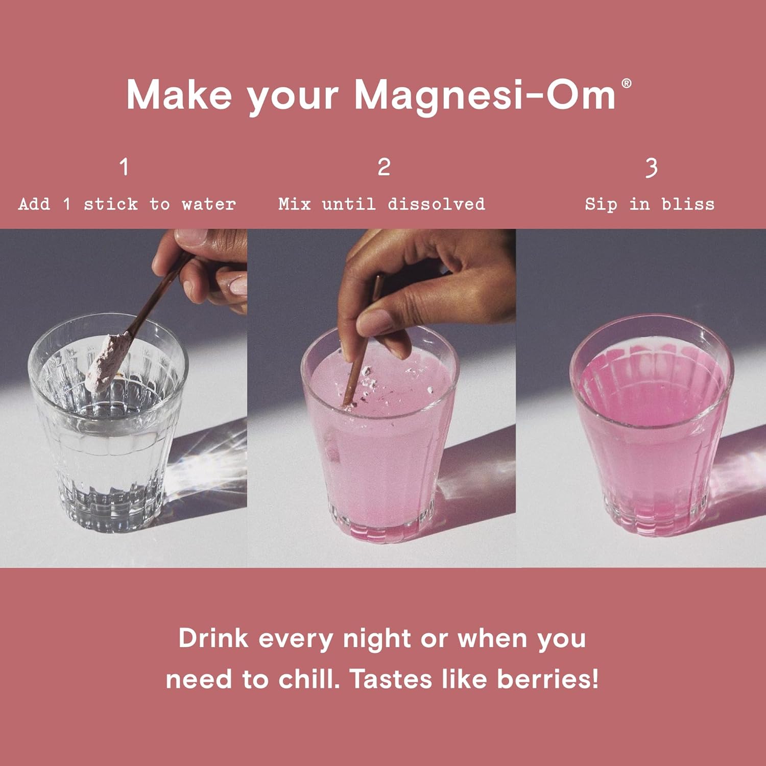 Moon Juice Magnesi-Om | Berry Calm + L-Theanine | for Natural Calm, Relaxation & Regularity | Magnesium Acetyl Taurinate, Gluconate, Citrate | Sugar Free Berry Flavor Sticks (2oz)