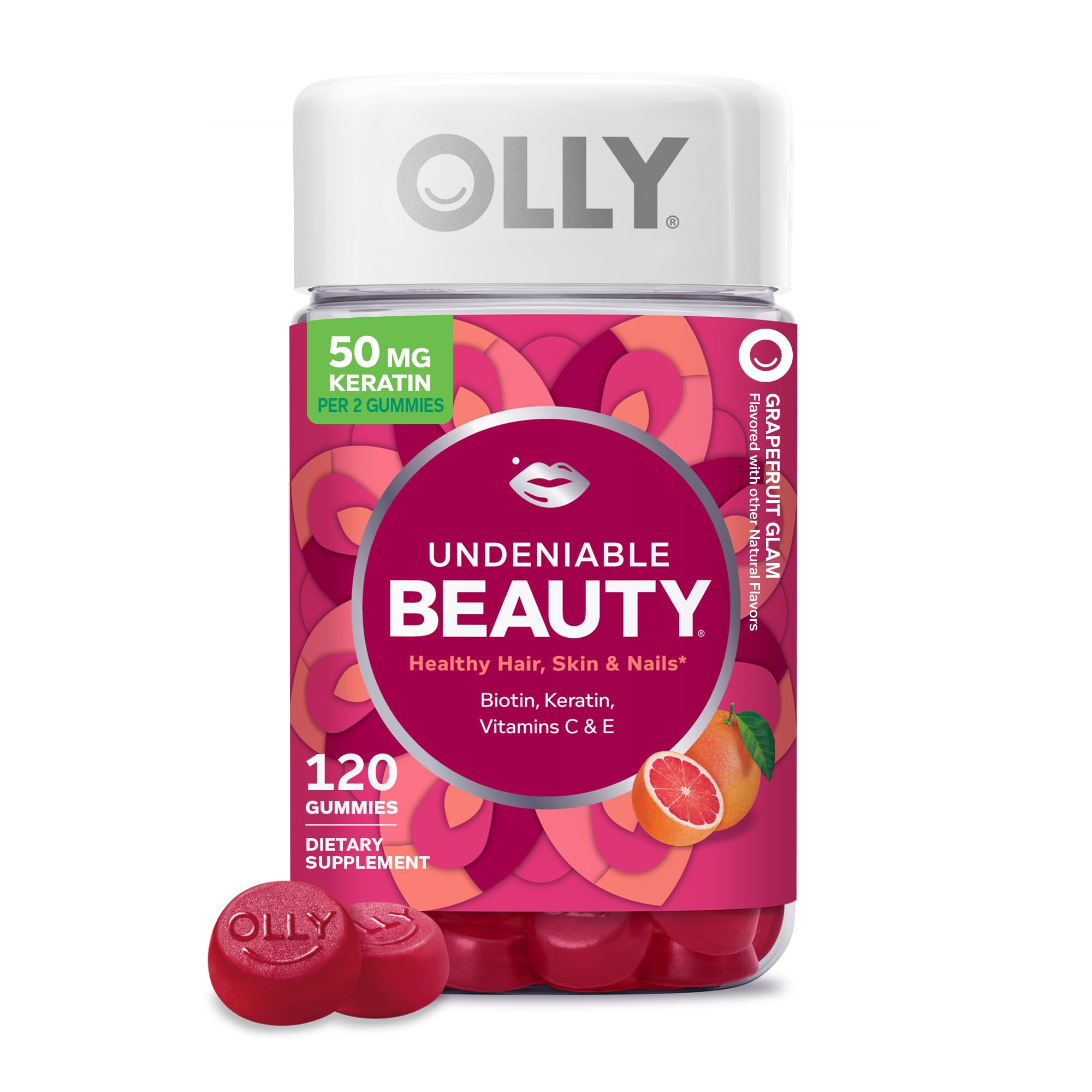 OLLY Undeniable Beauty Gummy, For Hair, Skin, Nails, Biotin, Vitamin C, Keratin, Chewable Supplement, Grapefruit, 30 Day Supply - 60 Count