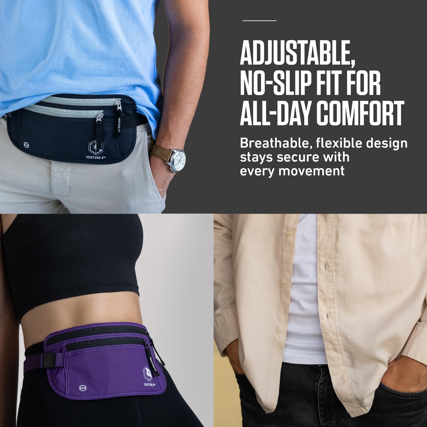 VENTURE 4TH Money Belt for Travel – Hidden Under-Clothes RFID Blocking Passport Holder & Slim Travel Wallet Pouch for Men & Women to Protect Cash, Cards & Documents (Gray)