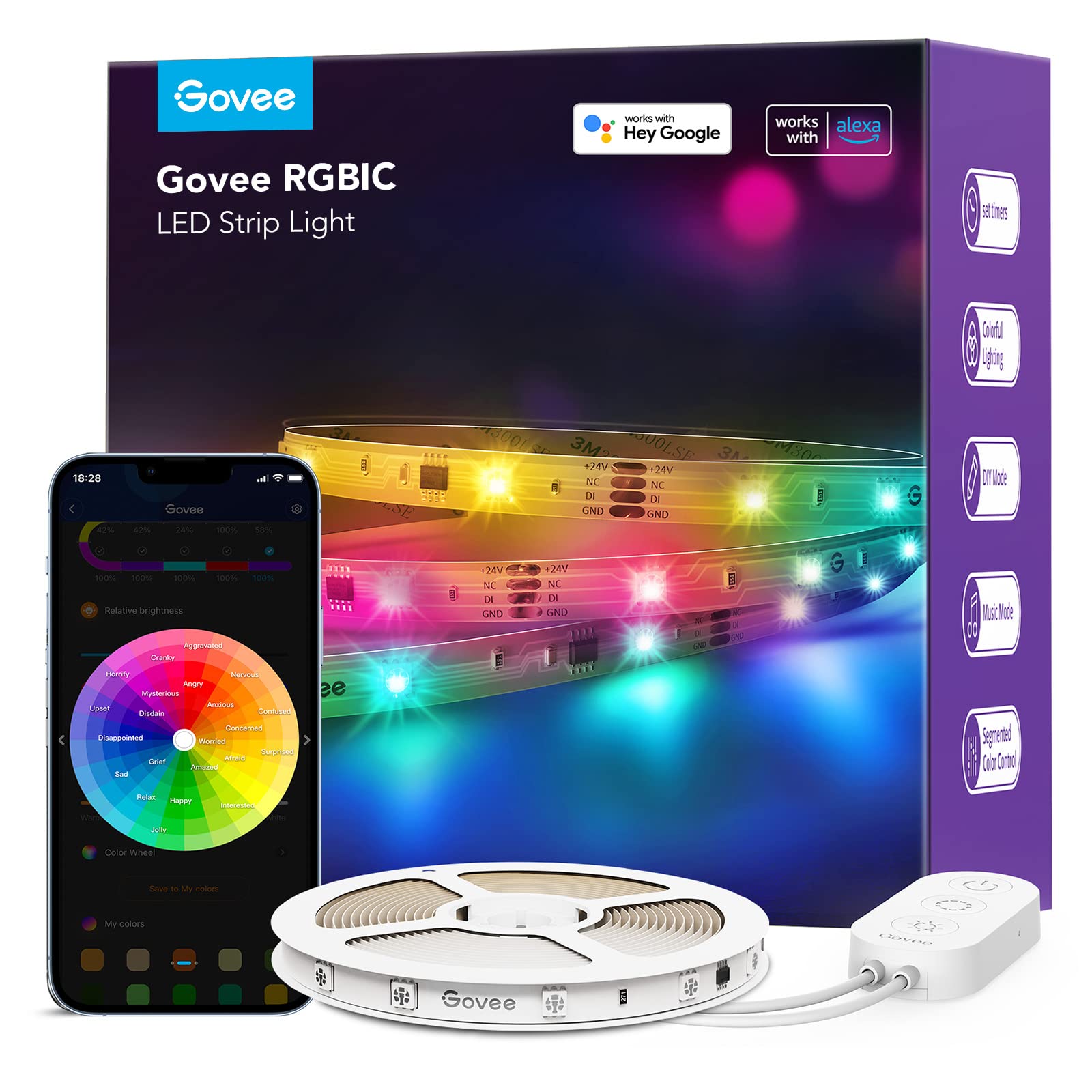 Govee Smart RGBIC LED Strip Lights 65.6ft, Alexa LED Light Strip Work with Google Assistant, Music Sync, DIY Multiple Colors on One Line, WiFi Color Changing Lights for Bedroom, Living Room, Holiday