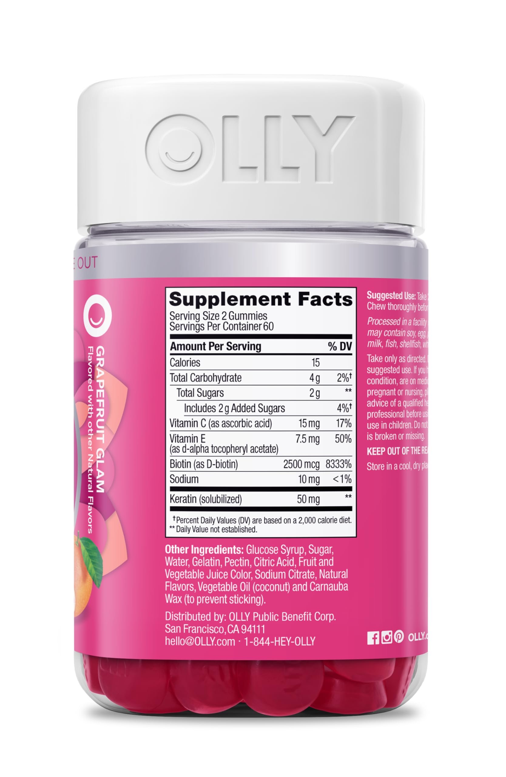 OLLY Undeniable Beauty Gummy, For Hair, Skin, Nails, Biotin, Vitamin C, Keratin, Chewable Supplement, Grapefruit, 30 Day Supply - 60 Count