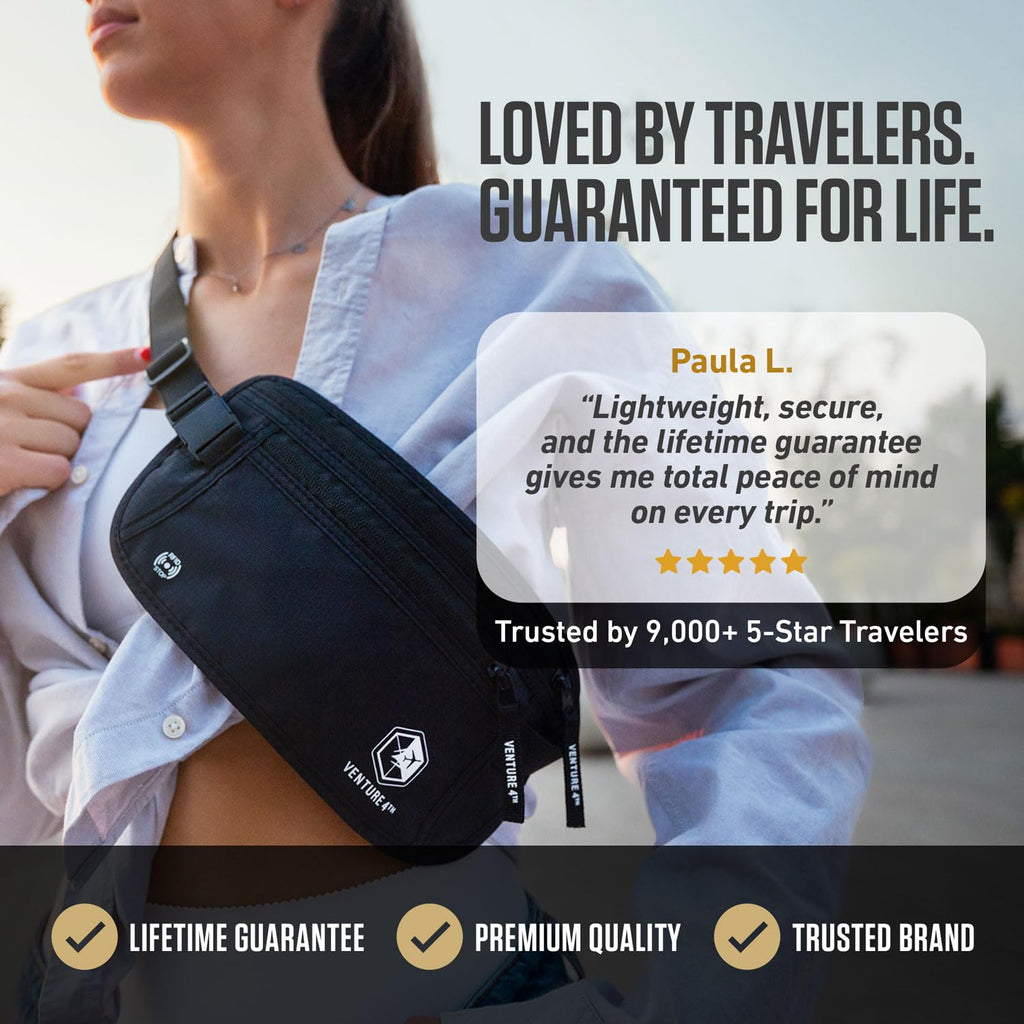 VENTURE 4TH Money Belt for Travel – Hidden Under-Clothes RFID Blocking Passport Holder & Slim Travel Wallet Pouch for Men & Women to Protect Cash, Cards & Documents (Gray)