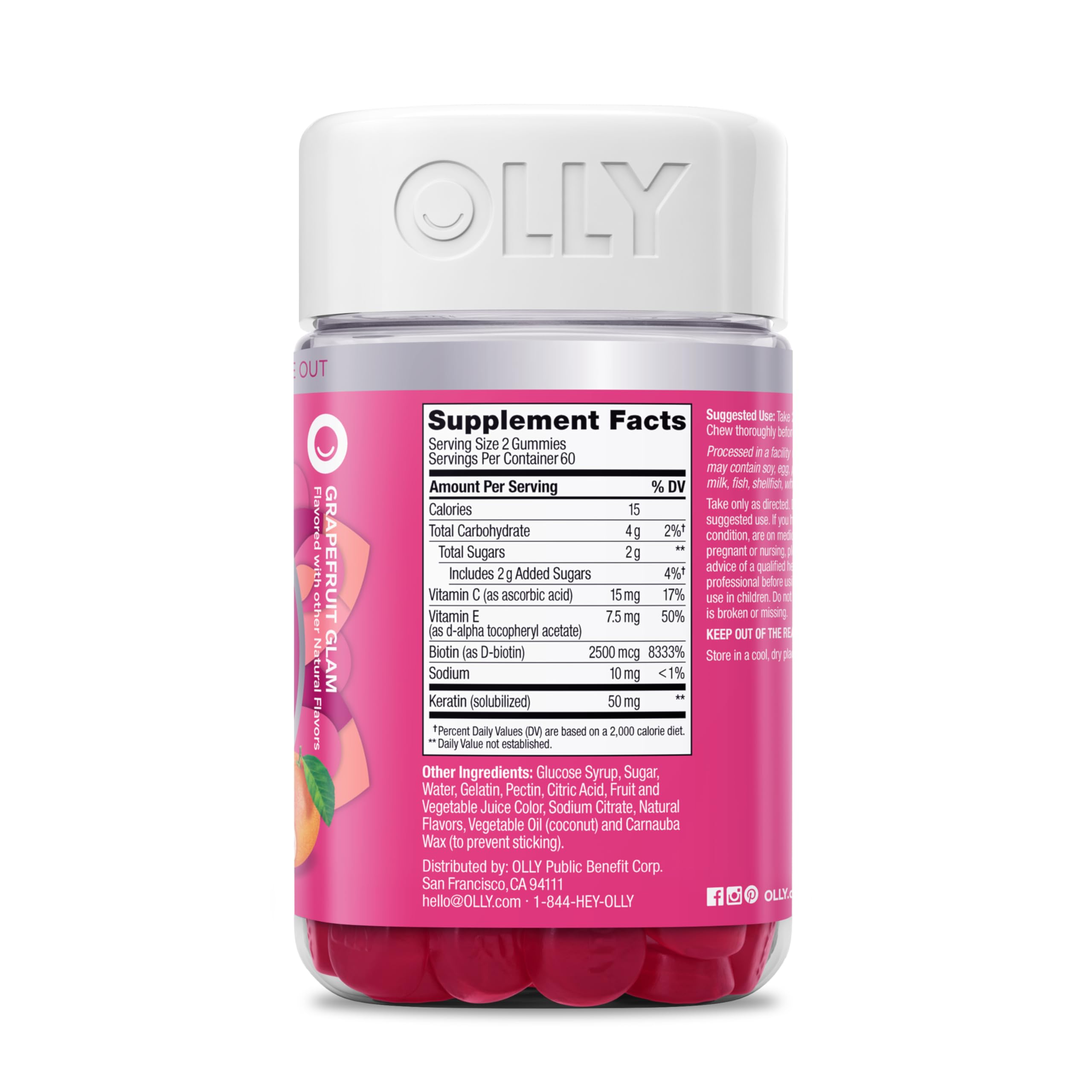 OLLY Undeniable Beauty Gummy, For Hair, Skin, Nails, Biotin, Vitamin C, Keratin, Chewable Supplement, Grapefruit, 30 Day Supply - 60 Count