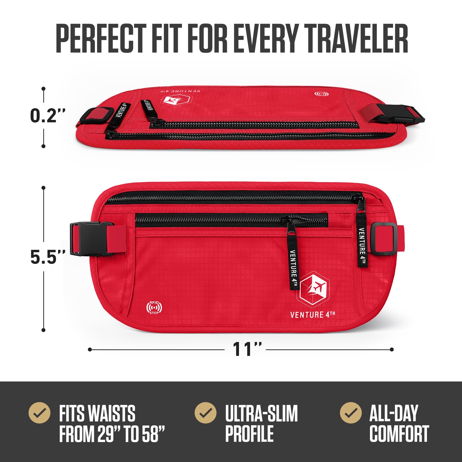 VENTURE 4TH Money Belt for Travel – Hidden Under-Clothes RFID Blocking Passport Holder & Slim Travel Wallet Pouch for Men & Women to Protect Cash, Cards & Documents (Gray)