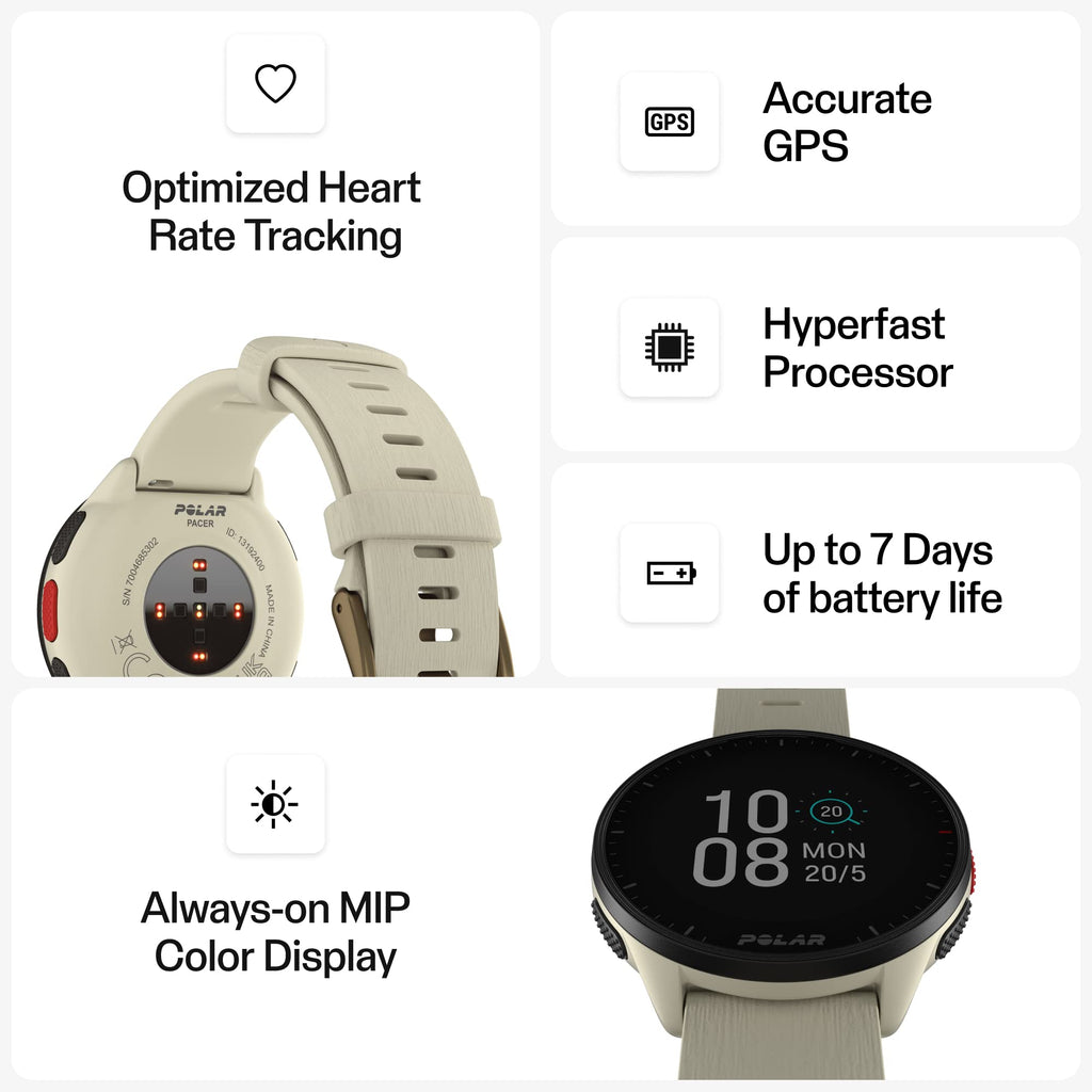 POLAR Pacer Pro Advanced Ultra-Light GPS Fitness Tracker Smartwatch for Runners with Training Program & Recovery Tools; S-L, for Men or Women, White-Red