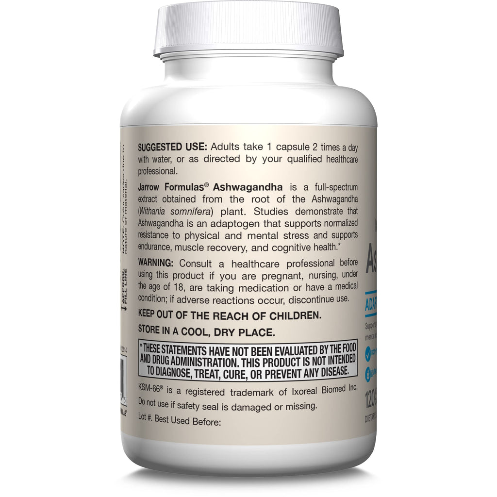 Jarrow Formulas Ashwagandha Capsules, 300 mg Supplement Supports Normalized Resistance to Mental and Physical Stress, 120 Veggie Capsules, 60 Day Supply