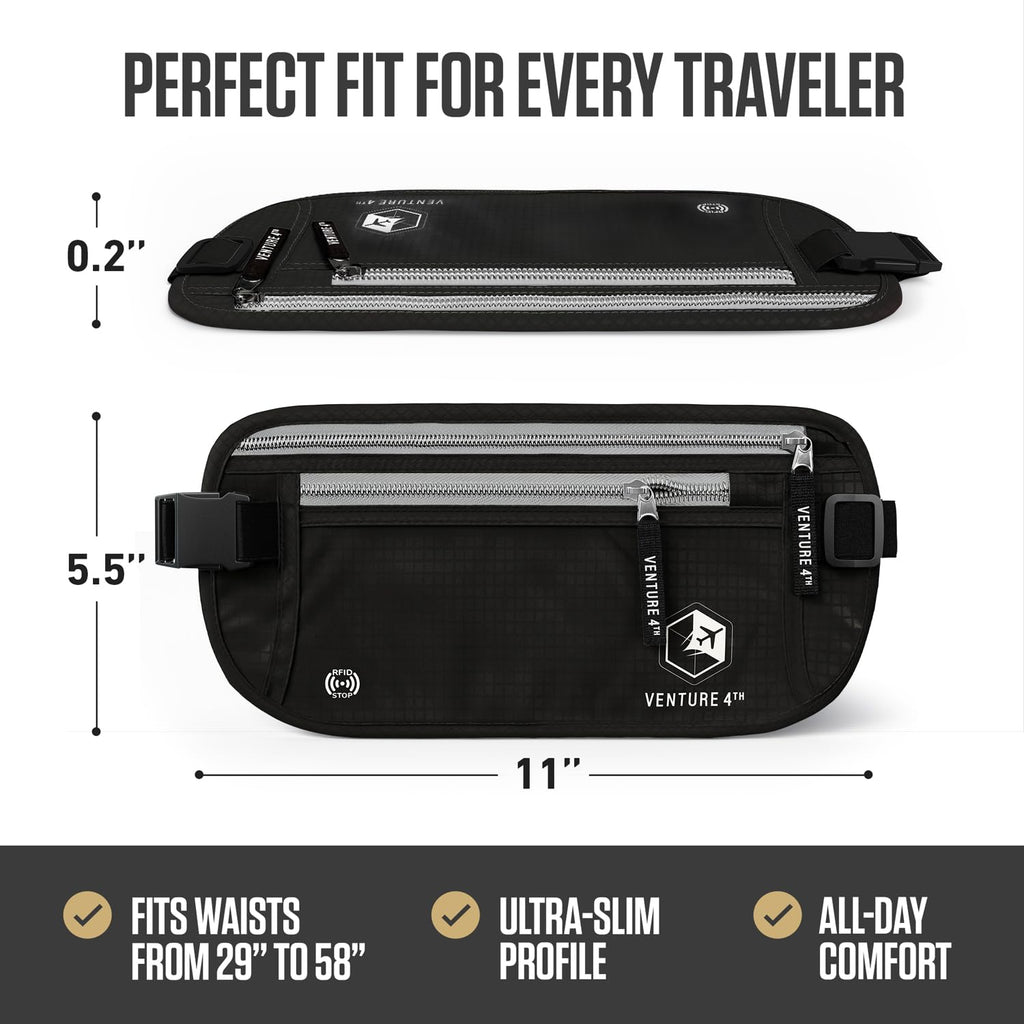 VENTURE 4TH Money Belt for Travel – Hidden Under-Clothes RFID Blocking Passport Holder & Slim Travel Wallet Pouch for Men & Women to Protect Cash, Cards & Documents (Gray)