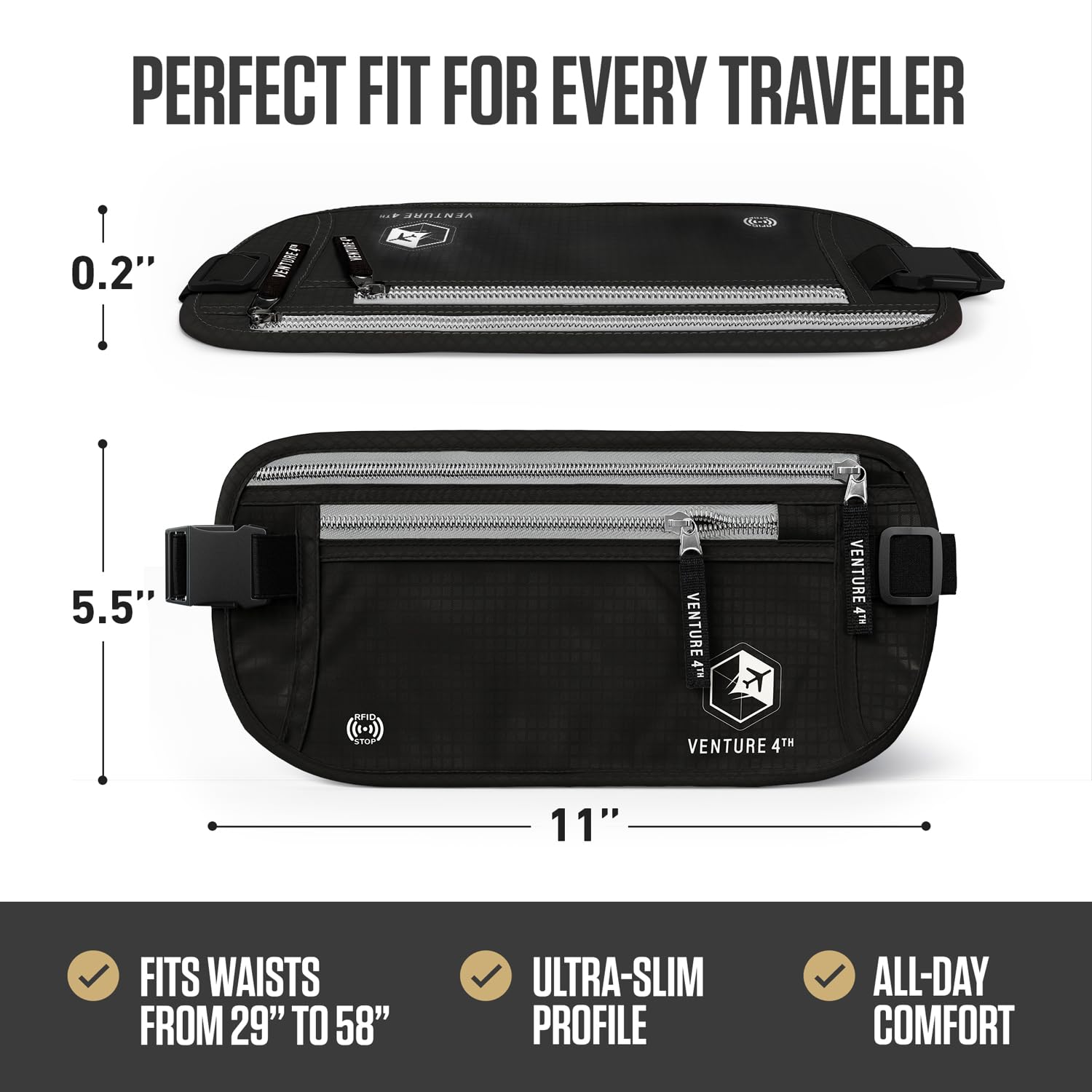VENTURE 4TH Money Belt for Travel – Hidden Under-Clothes RFID Blocking Passport Holder & Slim Travel Wallet Pouch for Men & Women to Protect Cash, Cards & Documents (Gray)