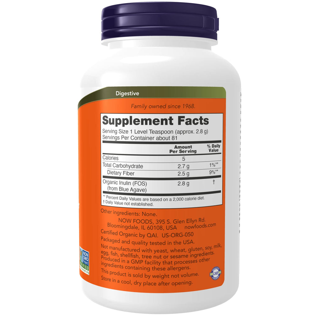 NOW Foods Supplements, Inulin Prebiotic Pure Powder, Certified Organic, Non-GMO Project Verified, Intestinal Support*, 8-Ounce