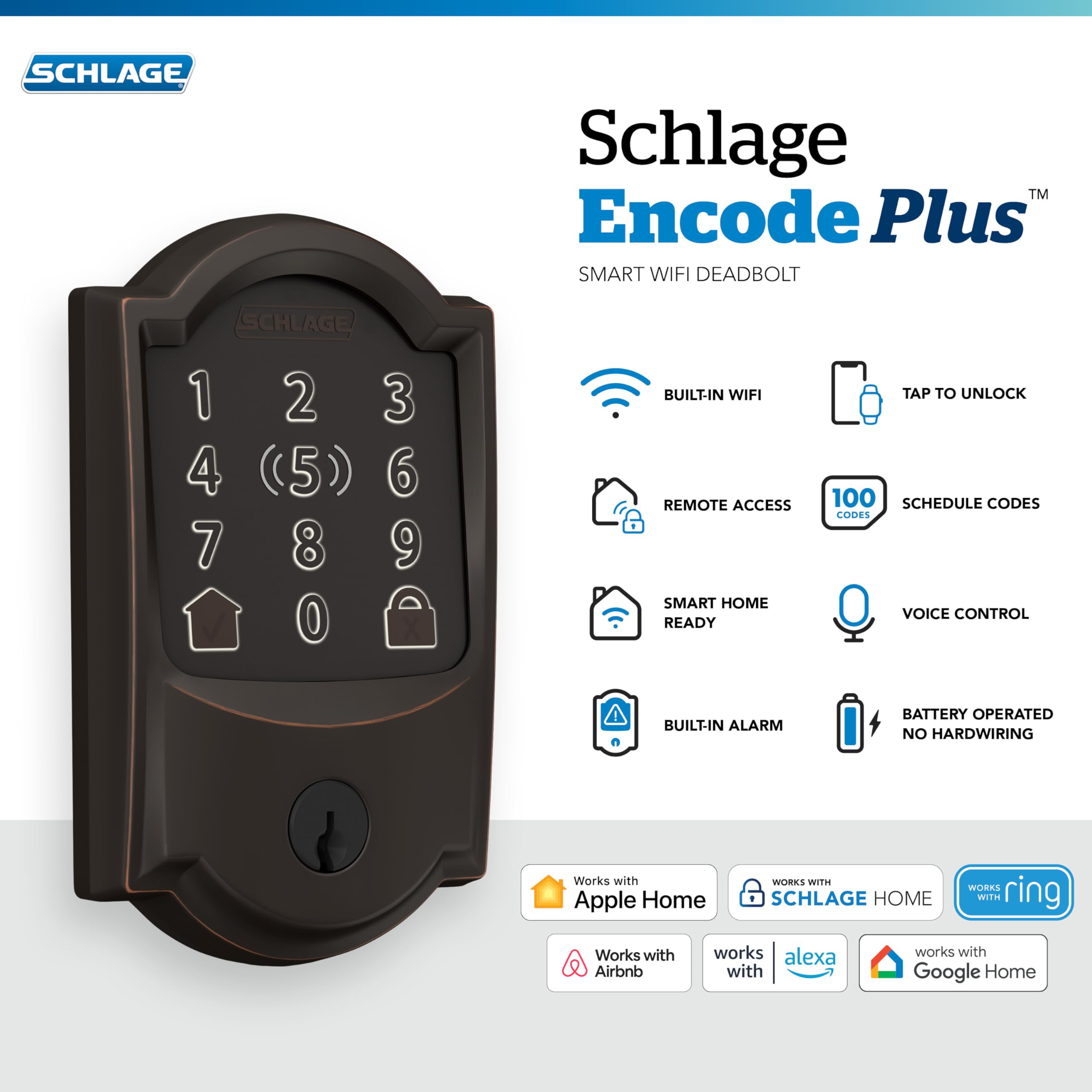 Schlage Encode Plus Smart Wi-Fi Lock for Front Door, Keyless Entry Deadbolt, Unlock with Apple Watch, Built-in WiFi and App Control, Easy Install, Alexa & Apple HomeKit Compatible, Satin Nickel
