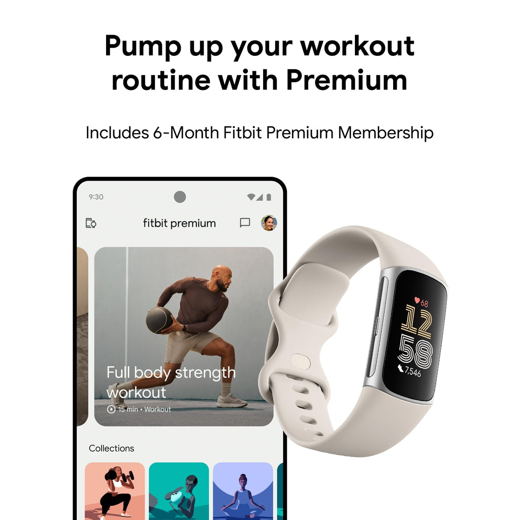Fitbit Charge 6 Fitness Tracker with Google apps, Heart Rate on Exercise Equipment, 6-Months Premium Membership Included, GPS, Health Tools and More, Obsidian/Black, One Size (S & L Bands Included)