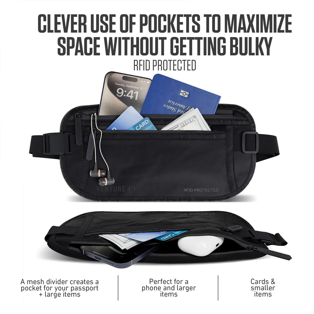 VENTURE 4TH Money Belt for Travel – Hidden Under-Clothes RFID Blocking Passport Holder & Slim Travel Wallet Pouch for Men & Women to Protect Cash, Cards & Documents (Gray)