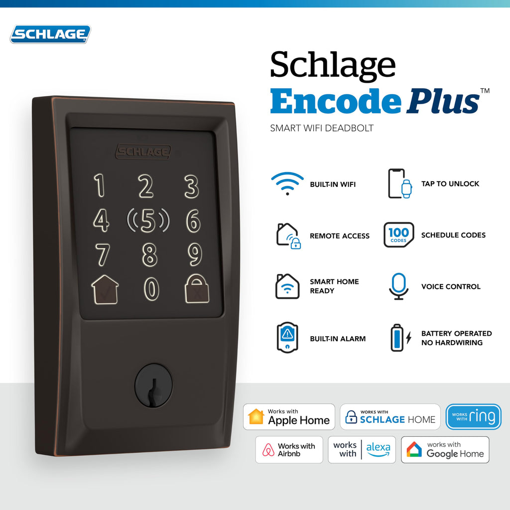 Schlage Encode Plus Smart Wi-Fi Lock for Front Door, Keyless Entry Deadbolt, Unlock with Apple Watch, Built-in WiFi and App Control, Easy Install, Alexa & Apple HomeKit Compatible, Satin Nickel