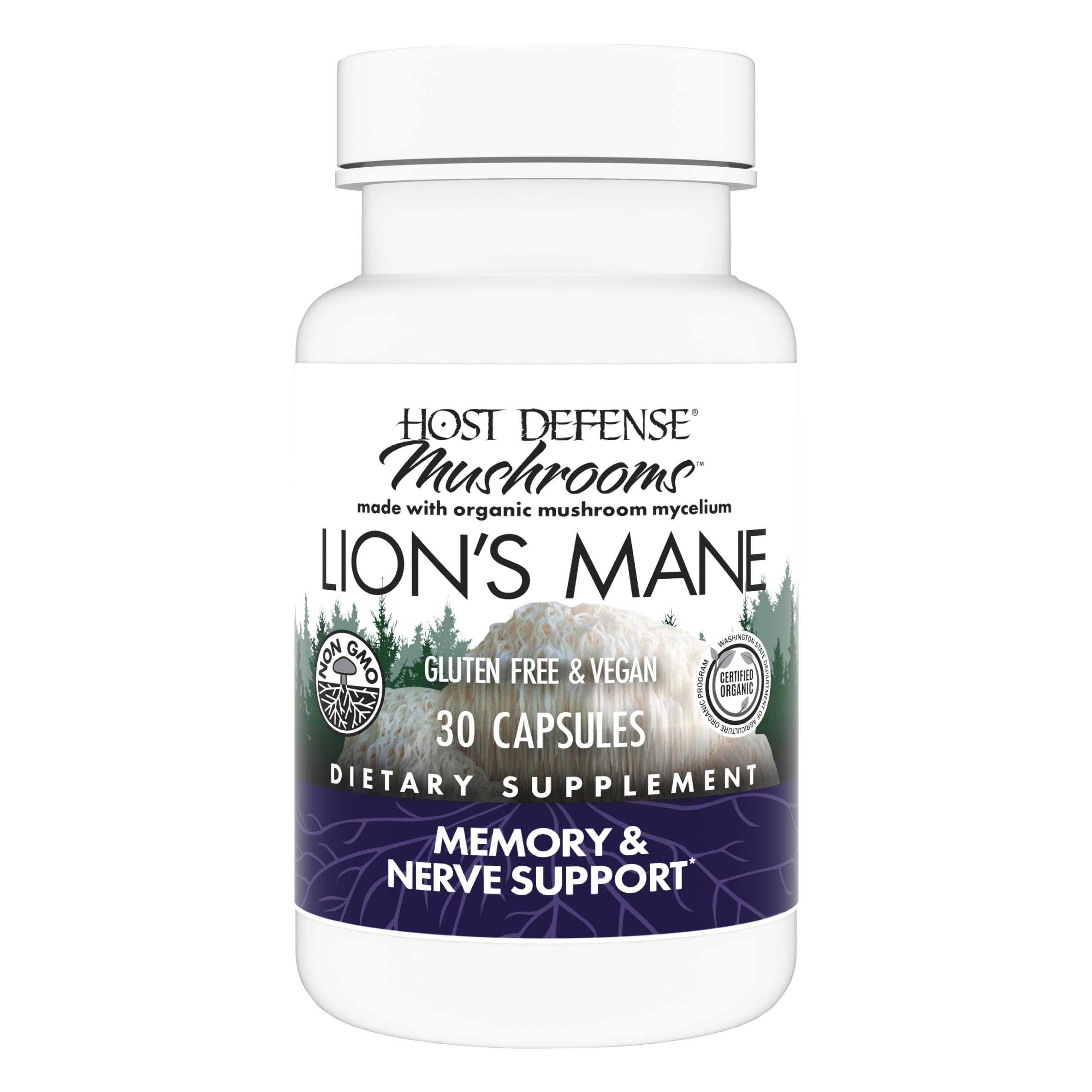 Host Defense Mushrooms Lion's Mane - Supplement Capsules for Brain Health Support - Mushroom Support for Focus & Memory Function - Immune & Nervous System Supplement - 60 Capsules