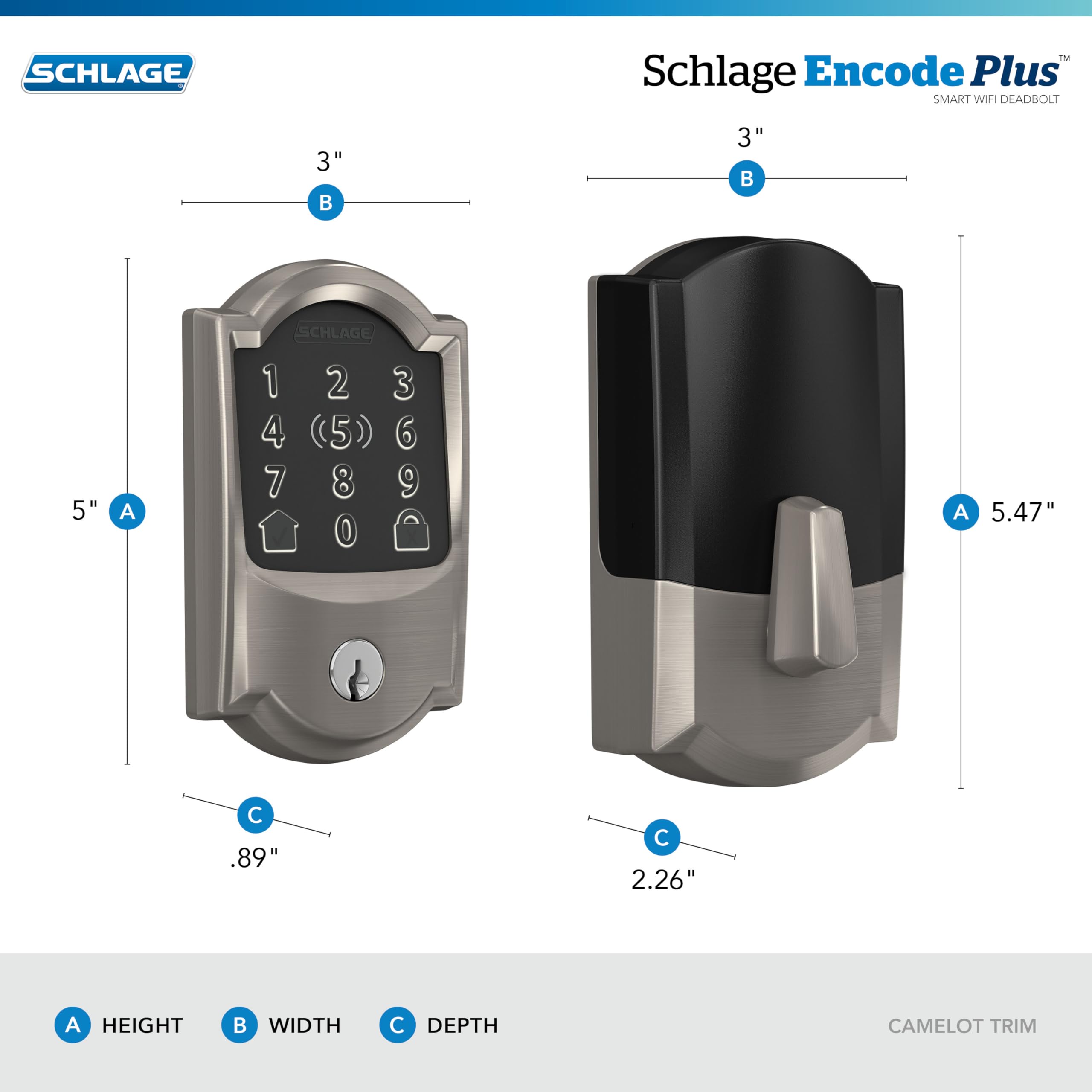 Schlage Encode Plus Smart Wi-Fi Lock for Front Door, Keyless Entry Deadbolt, Unlock with Apple Watch, Built-in WiFi and App Control, Easy Install, Alexa & Apple HomeKit Compatible, Satin Nickel
