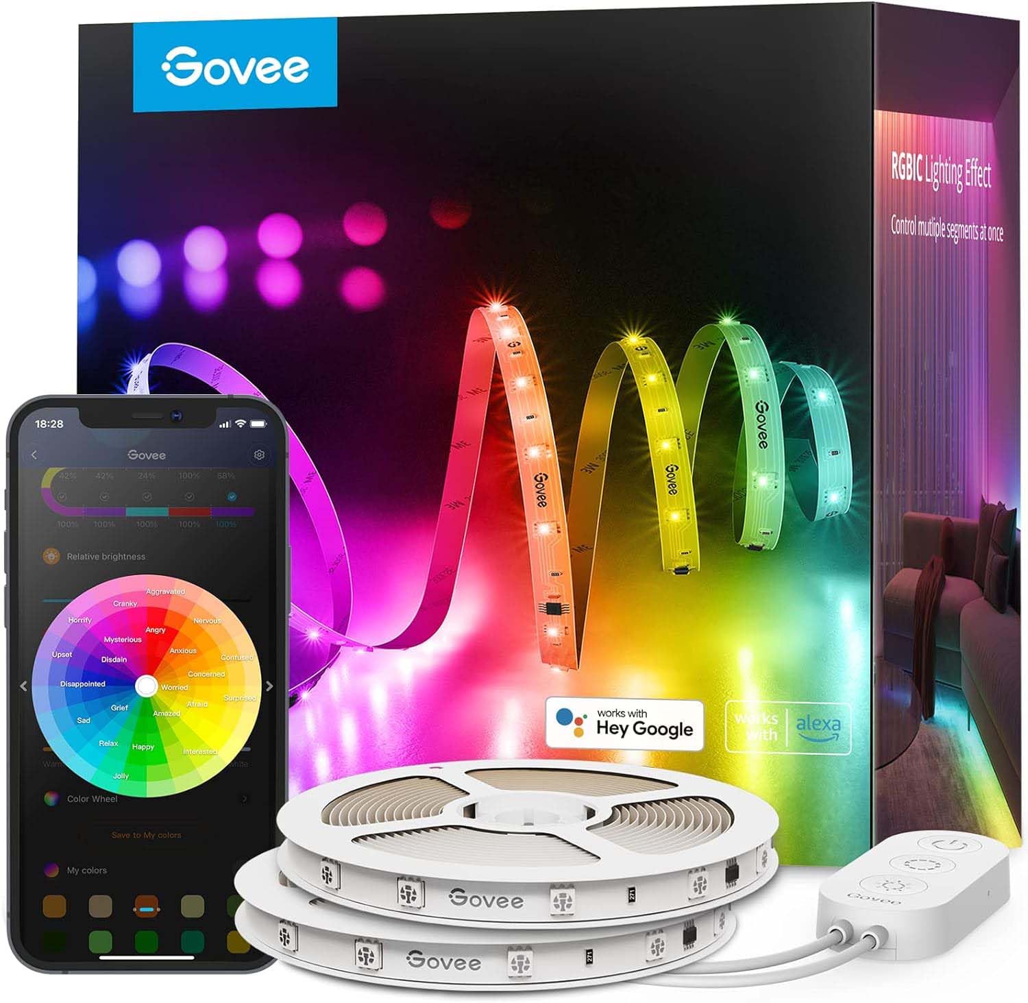 Govee Smart RGBIC LED Strip Lights 65.6ft, Alexa LED Light Strip Work with Google Assistant, Music Sync, DIY Multiple Colors on One Line, WiFi Color Changing Lights for Bedroom, Living Room, Holiday