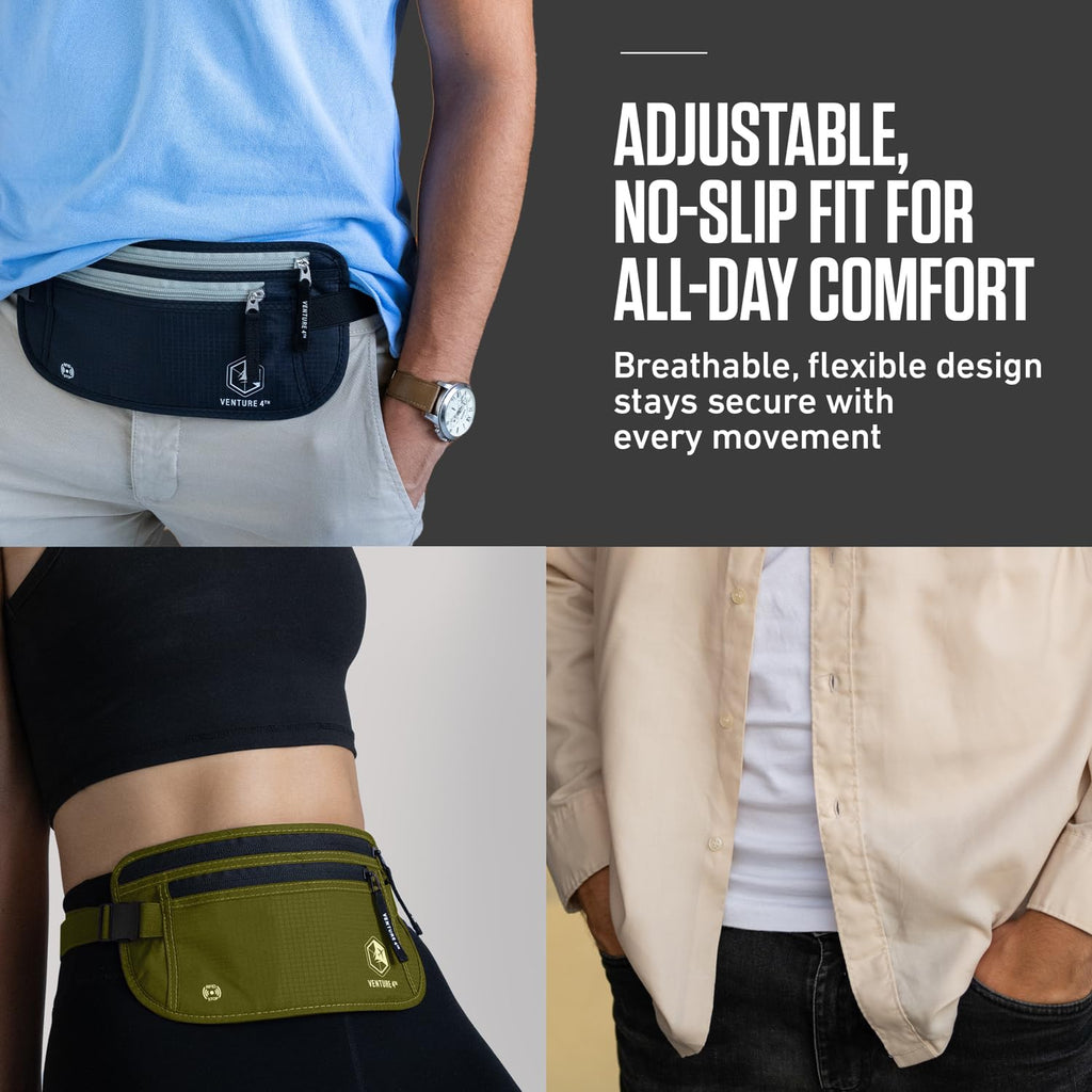 VENTURE 4TH Money Belt for Travel – Hidden Under-Clothes RFID Blocking Passport Holder & Slim Travel Wallet Pouch for Men & Women to Protect Cash, Cards & Documents (Gray)