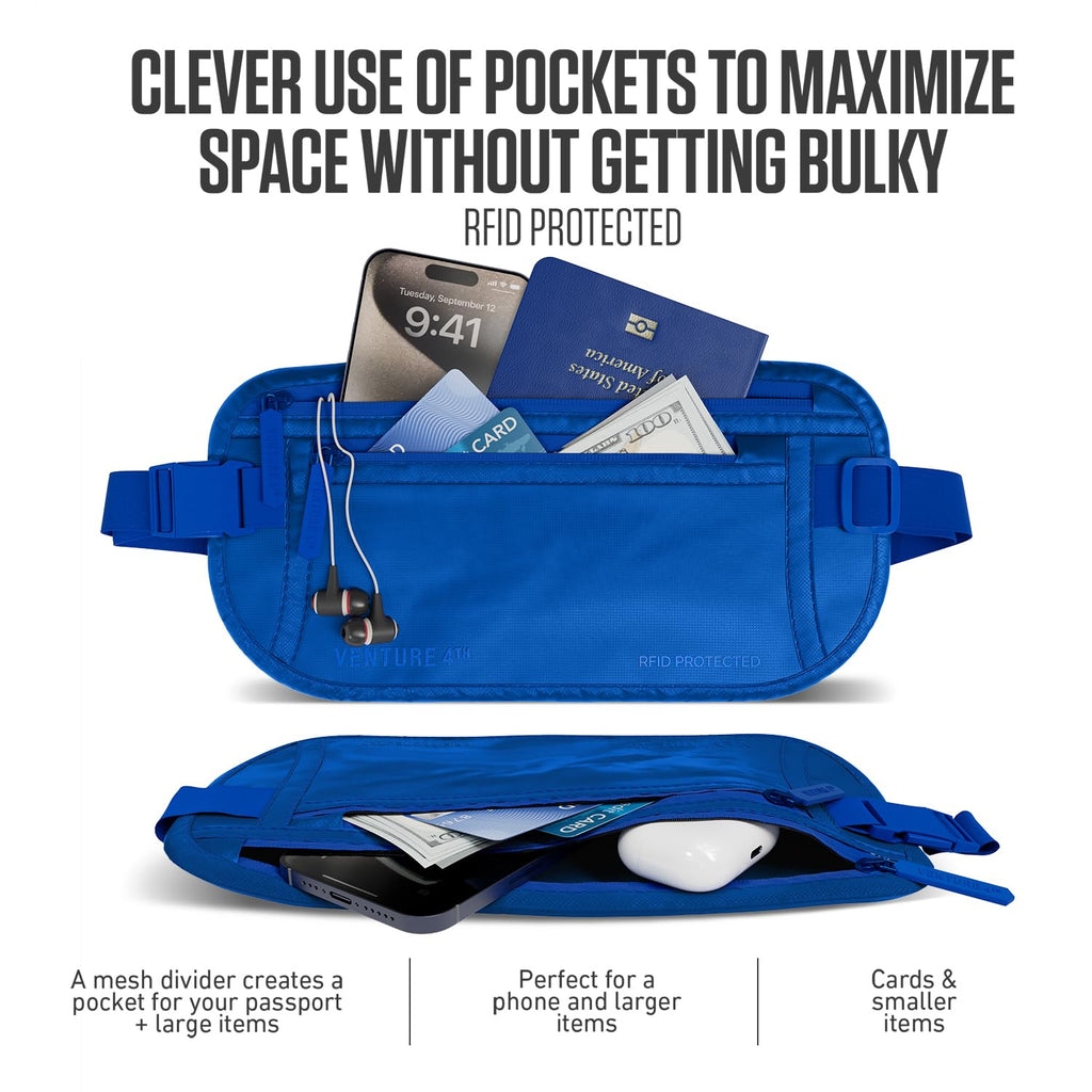 VENTURE 4TH Money Belt for Travel – Hidden Under-Clothes RFID Blocking Passport Holder & Slim Travel Wallet Pouch for Men & Women to Protect Cash, Cards & Documents (Gray)