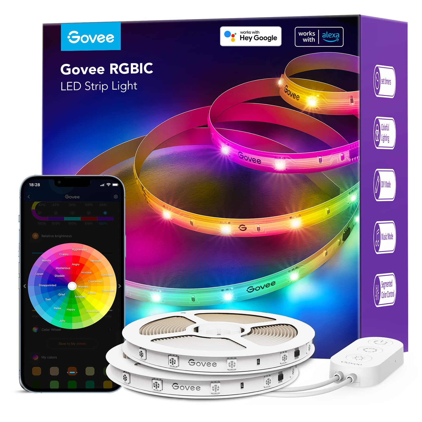 Govee Smart RGBIC LED Strip Lights 65.6ft, Alexa LED Light Strip Work with Google Assistant, Music Sync, DIY Multiple Colors on One Line, WiFi Color Changing Lights for Bedroom, Living Room, Holiday