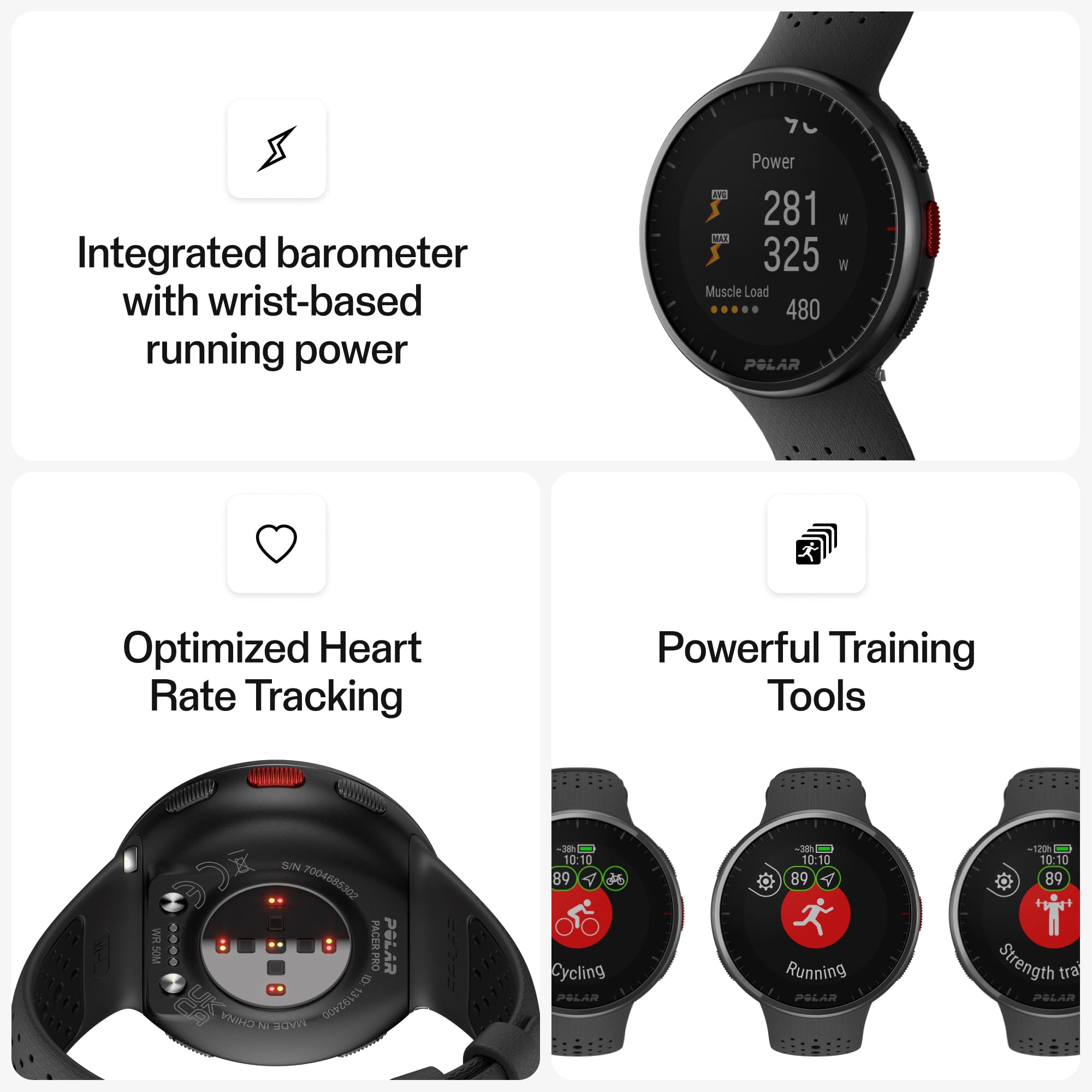 POLAR Pacer Pro Advanced Ultra-Light GPS Fitness Tracker Smartwatch for Runners with Training Program & Recovery Tools; S-L, for Men or Women, White-Red