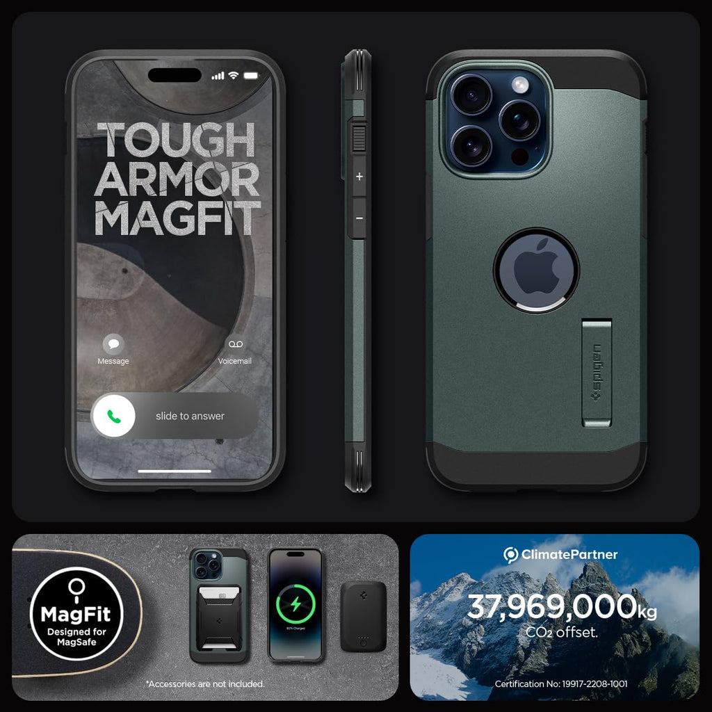 Spigen Tough Armor MagFit Designed for iPhone 15 Case (2023) [Kickstand] [Military-Grade Protection] Compatible with MagSafe - Black