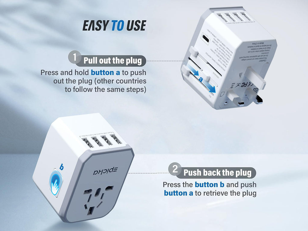 EPICKA Universal Travel Adapter, European Travel Plug Adapter (Not a Voltage Converter) - International Power Adapter Worldwide Charger with USB-C & 4 USB-A Ports, Travel Essentials (TA-105, Grey)
