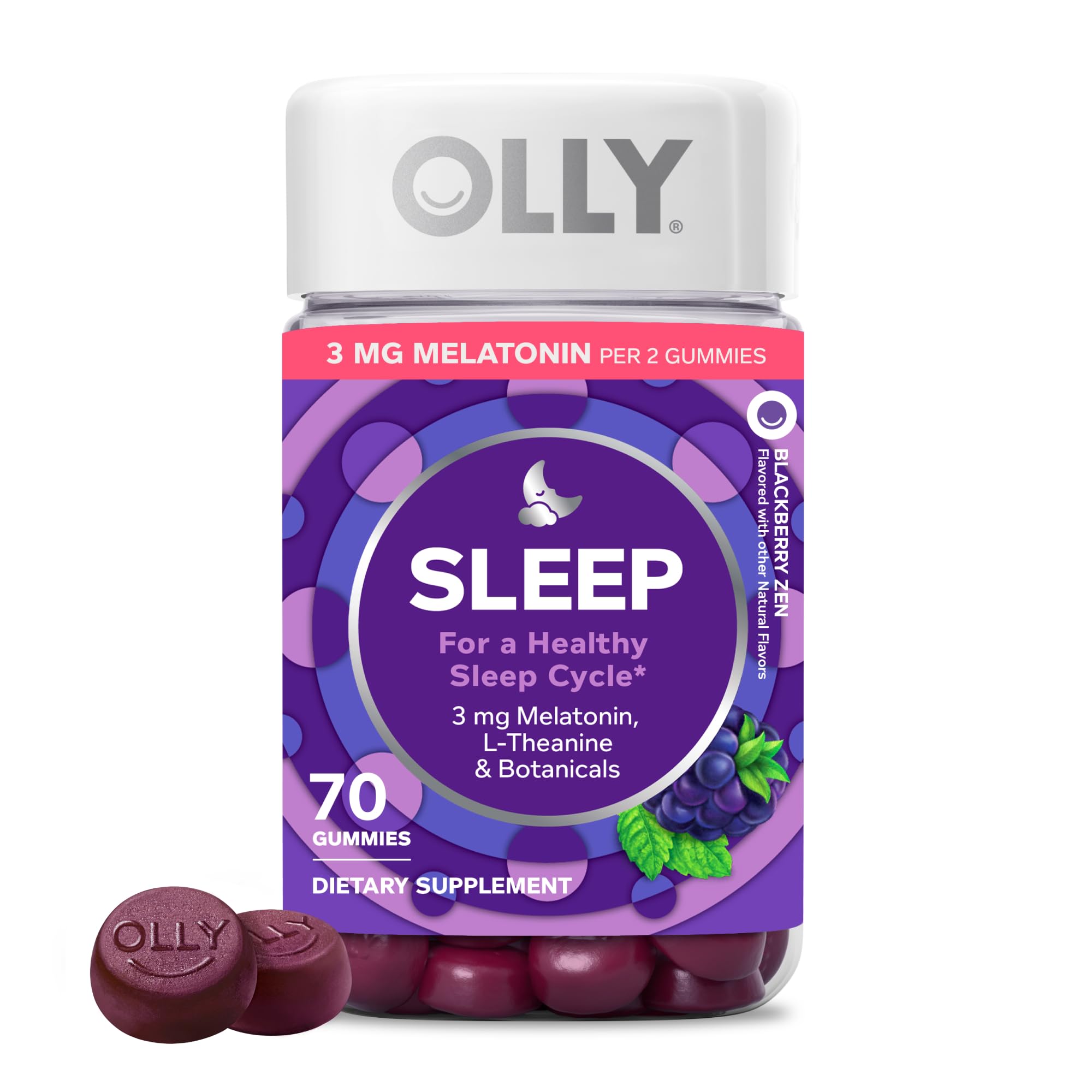 OLLY Restful Sleep Gummy Supplement with Melatonin & L-Theanine Chamomile, Blackberry Zen, 50 Gummies (25 Day Supply) Supports a Healthy Sleep Cycle* (Packaging May Vary)