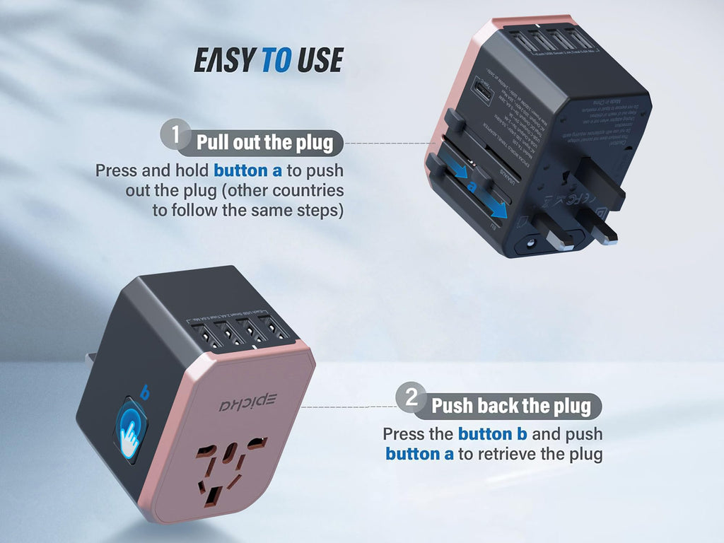 EPICKA Universal Travel Adapter, European Travel Plug Adapter (Not a Voltage Converter) - International Power Adapter Worldwide Charger with USB-C & 4 USB-A Ports, Travel Essentials (TA-105, Grey)