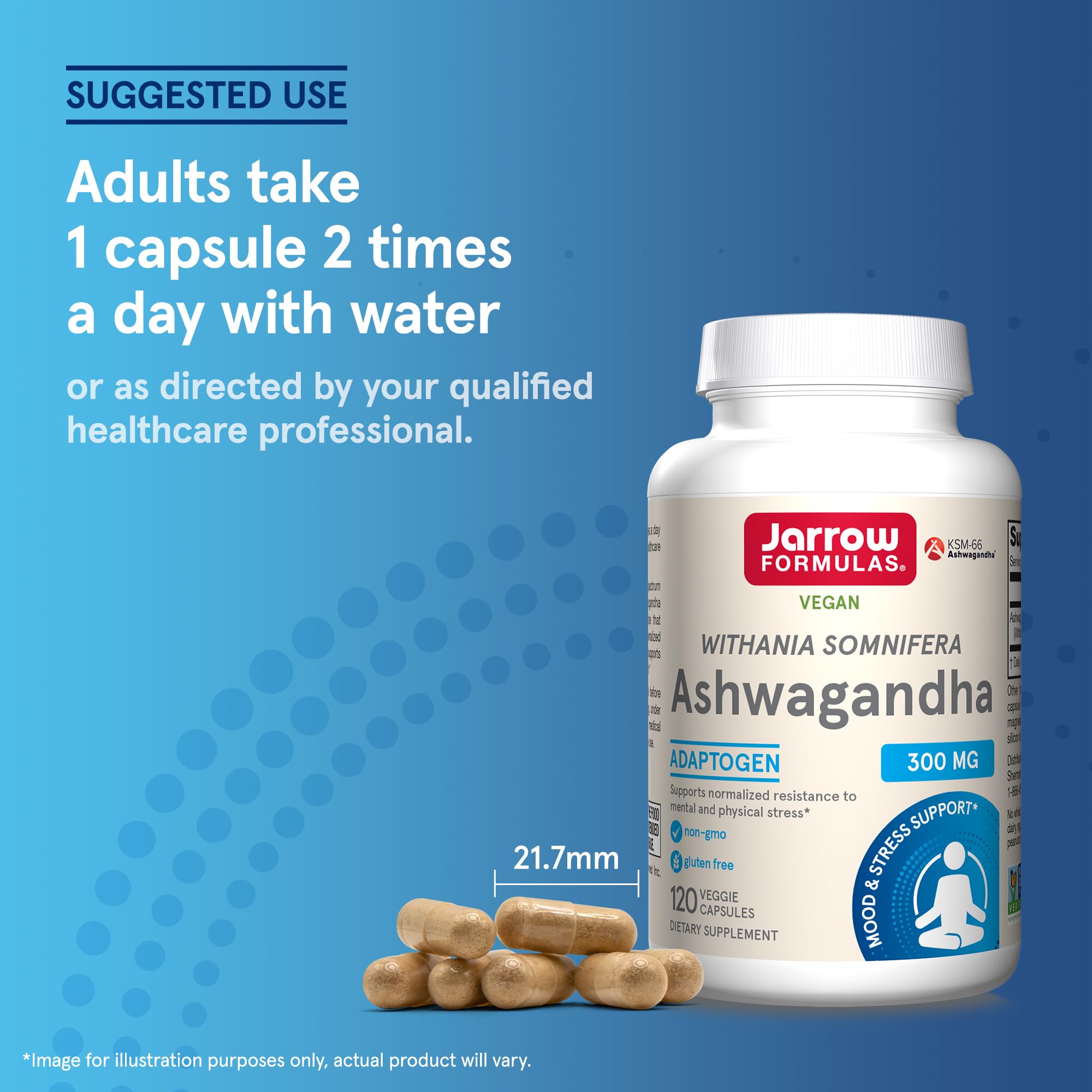 Jarrow Formulas Ashwagandha Capsules, 300 mg Supplement Supports Normalized Resistance to Mental and Physical Stress, 120 Veggie Capsules, 60 Day Supply