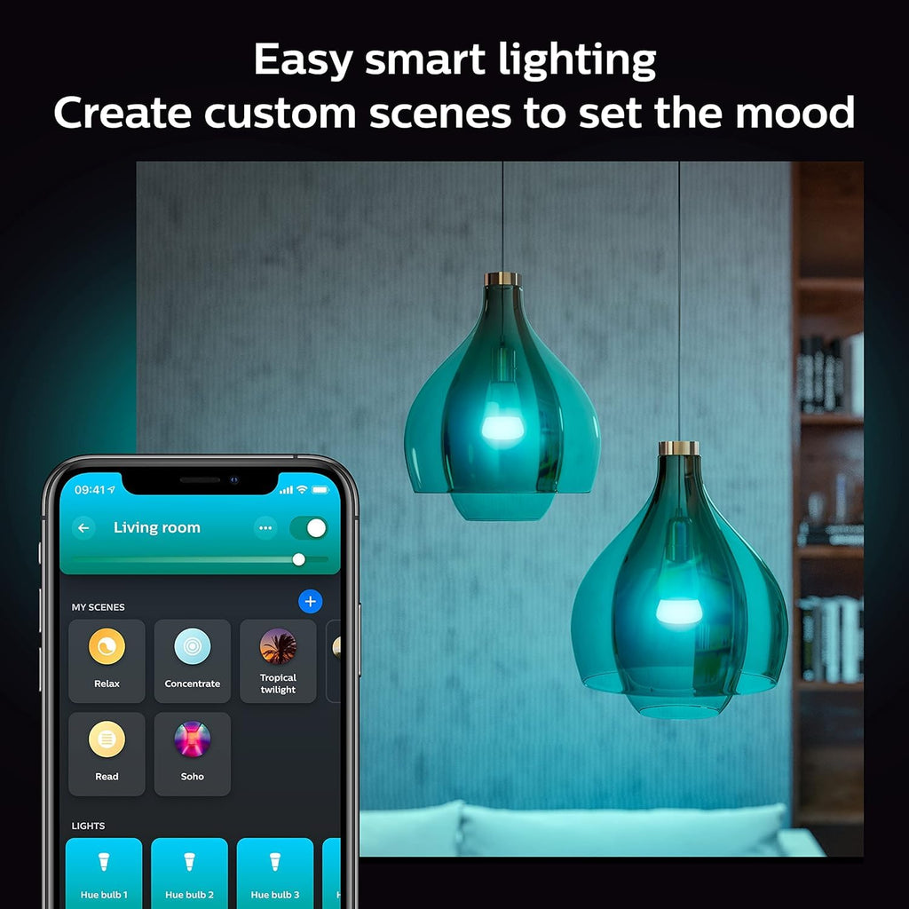 Philips Hue Smart Light Bulbs Starter Kit, Includes (1) Bridge, (2) 60W A19 Bulbs, White and Color Ambiance LED Color Changing Lights, 800LM, E26, Control with App or Voice Assistant