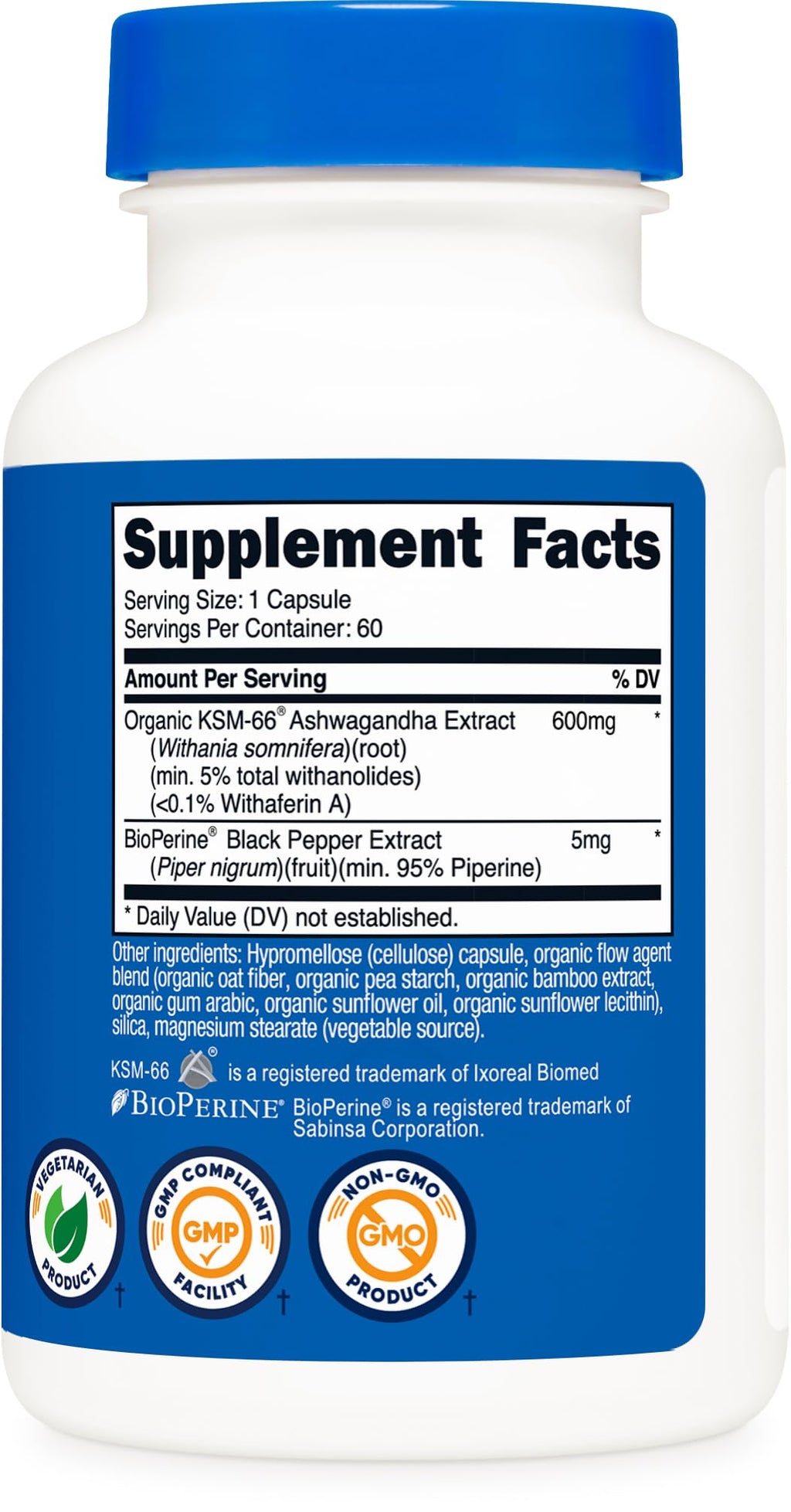 Nutricost KSM-66 Ashwagandha Root Extract 600mg, 60 Veggie Caps - 5% Withanolides - with BioPerine - Full-Spectrum Root Extract