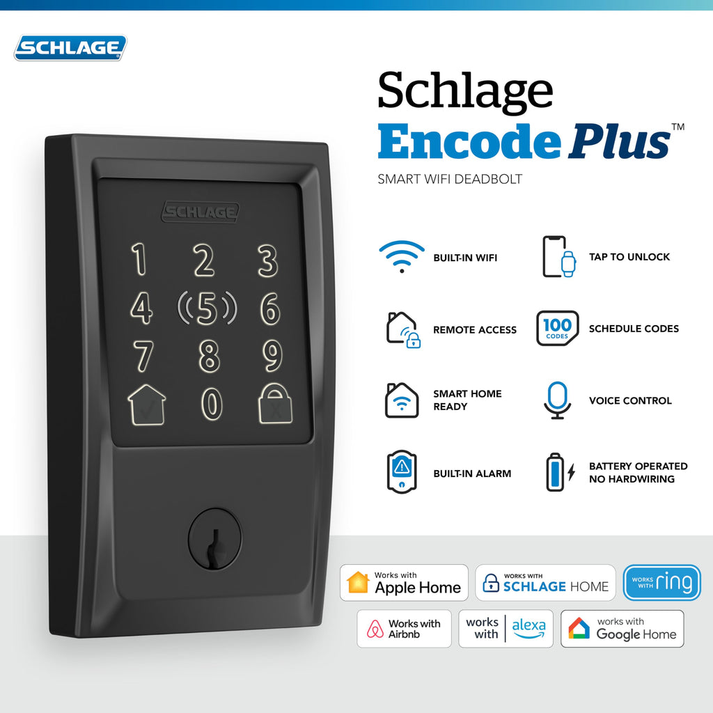 Schlage Encode Plus Smart Wi-Fi Lock for Front Door, Keyless Entry Deadbolt, Unlock with Apple Watch, Built-in WiFi and App Control, Easy Install, Alexa & Apple HomeKit Compatible, Satin Nickel