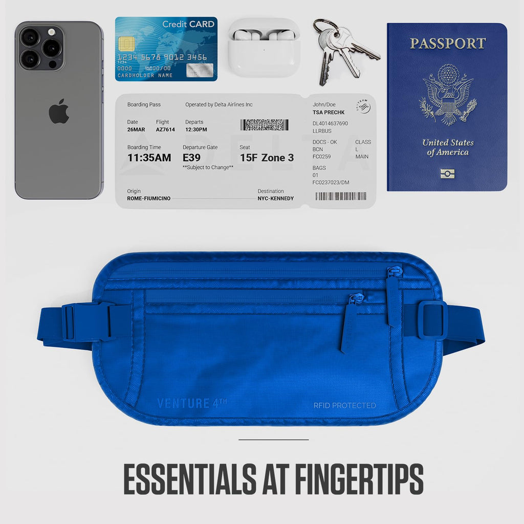 VENTURE 4TH Money Belt for Travel – Hidden Under-Clothes RFID Blocking Passport Holder & Slim Travel Wallet Pouch for Men & Women to Protect Cash, Cards & Documents (Gray)