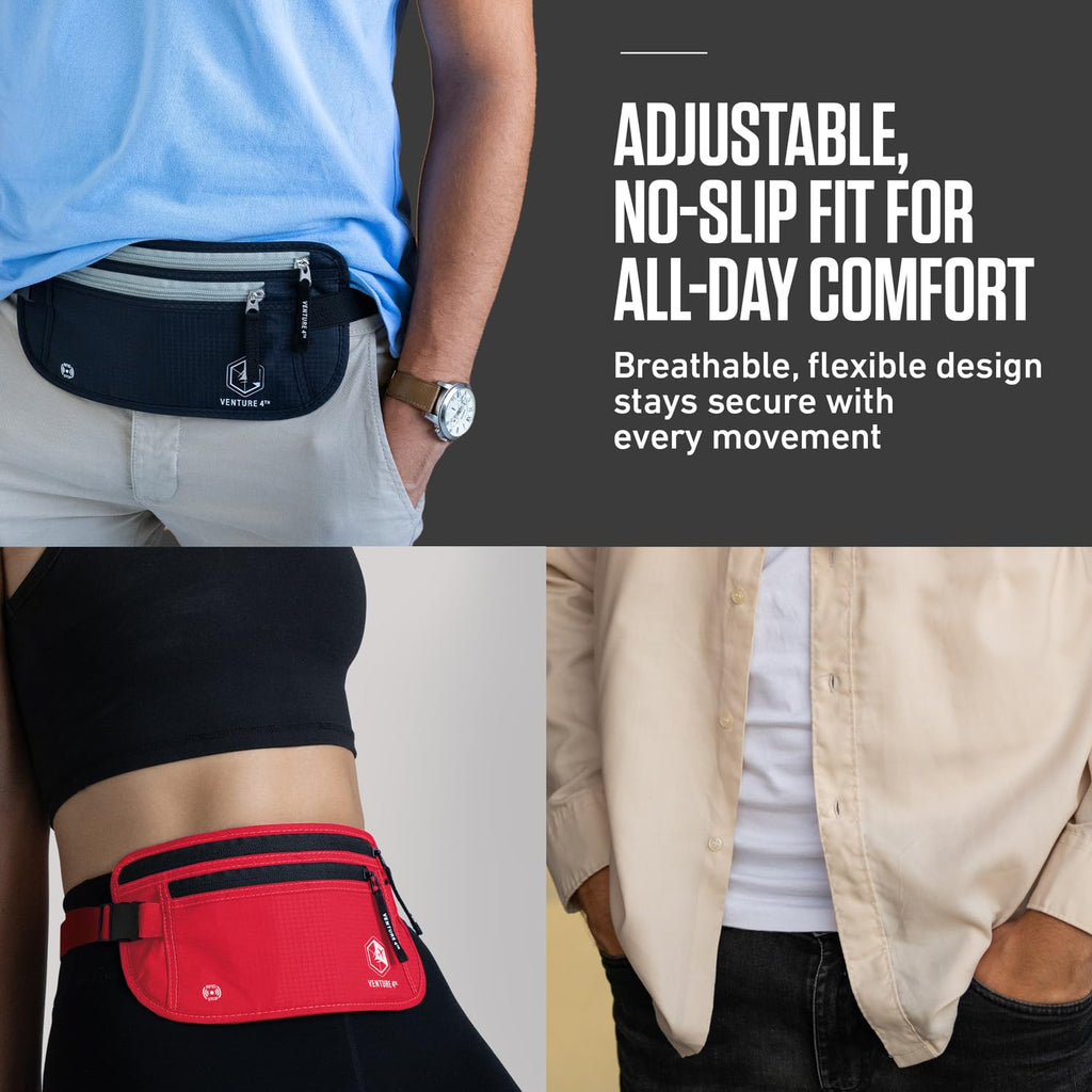 VENTURE 4TH Money Belt for Travel – Hidden Under-Clothes RFID Blocking Passport Holder & Slim Travel Wallet Pouch for Men & Women to Protect Cash, Cards & Documents (Gray)