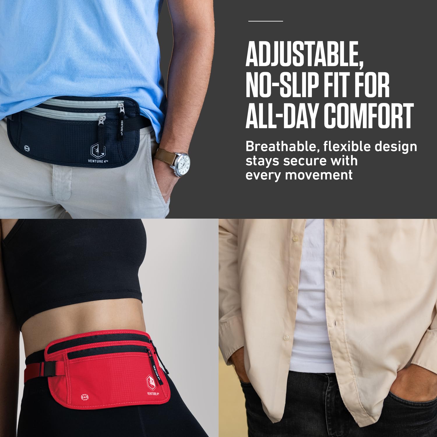 VENTURE 4TH Money Belt for Travel – Hidden Under-Clothes RFID Blocking Passport Holder & Slim Travel Wallet Pouch for Men & Women to Protect Cash, Cards & Documents (Gray)