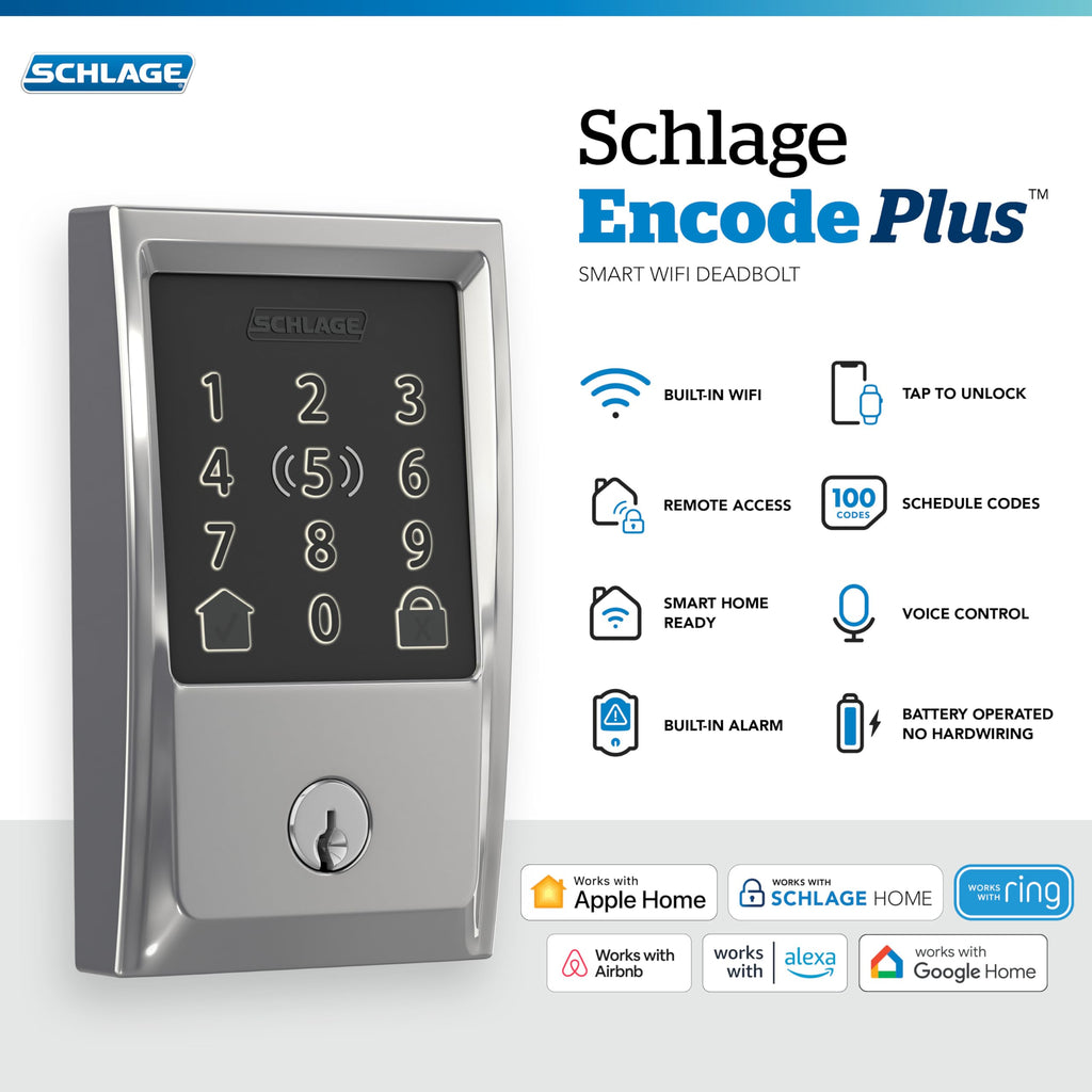 Schlage Encode Plus Smart Wi-Fi Lock for Front Door, Keyless Entry Deadbolt, Unlock with Apple Watch, Built-in WiFi and App Control, Easy Install, Alexa & Apple HomeKit Compatible, Satin Nickel