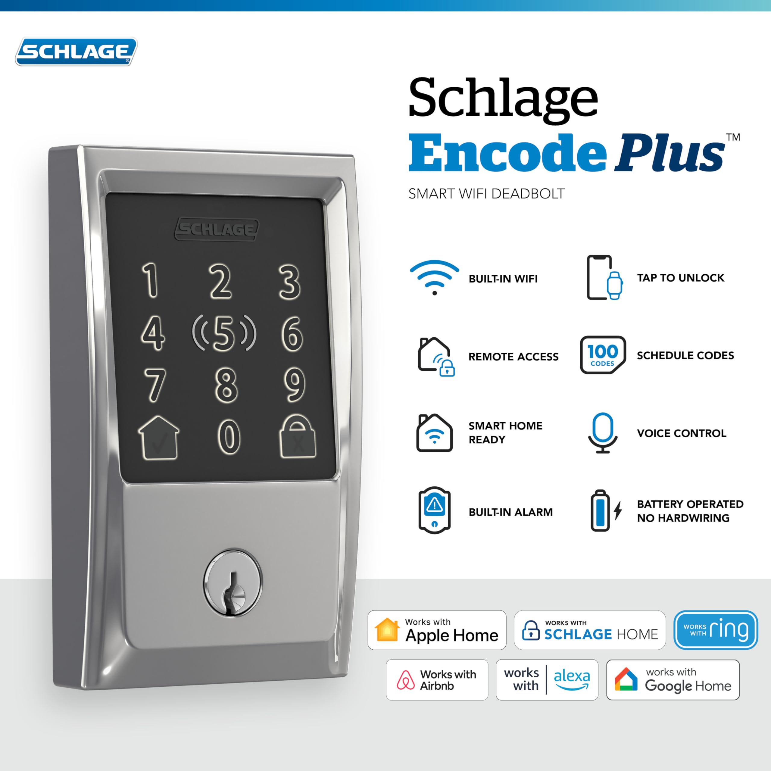Schlage Encode Plus Smart Wi-Fi Lock for Front Door, Keyless Entry Deadbolt, Unlock with Apple Watch, Built-in WiFi and App Control, Easy Install, Alexa & Apple HomeKit Compatible, Satin Nickel