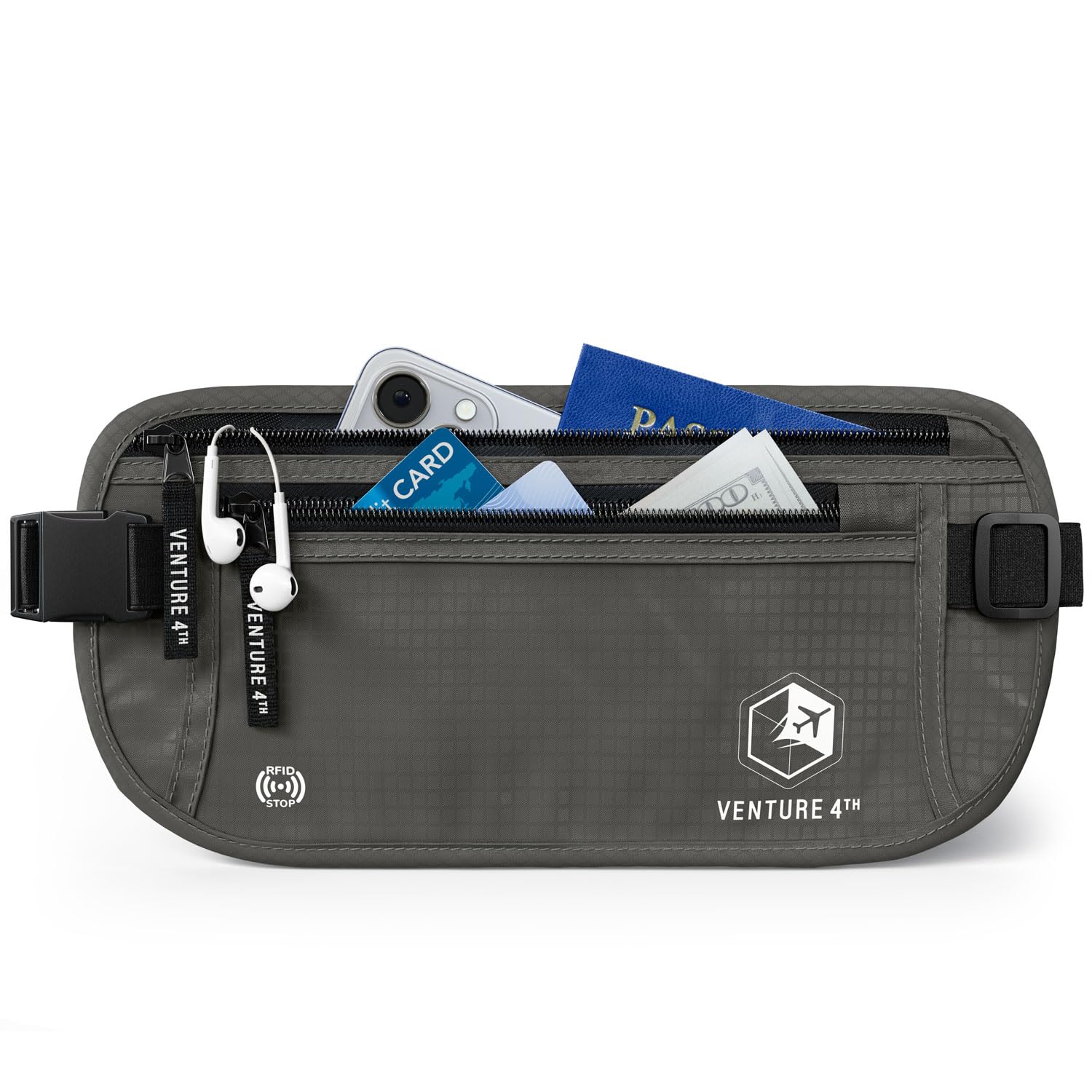 VENTURE 4TH Money Belt for Travel – Hidden Under-Clothes RFID Blocking Passport Holder & Slim Travel Wallet Pouch for Men & Women to Protect Cash, Cards & Documents (Gray)