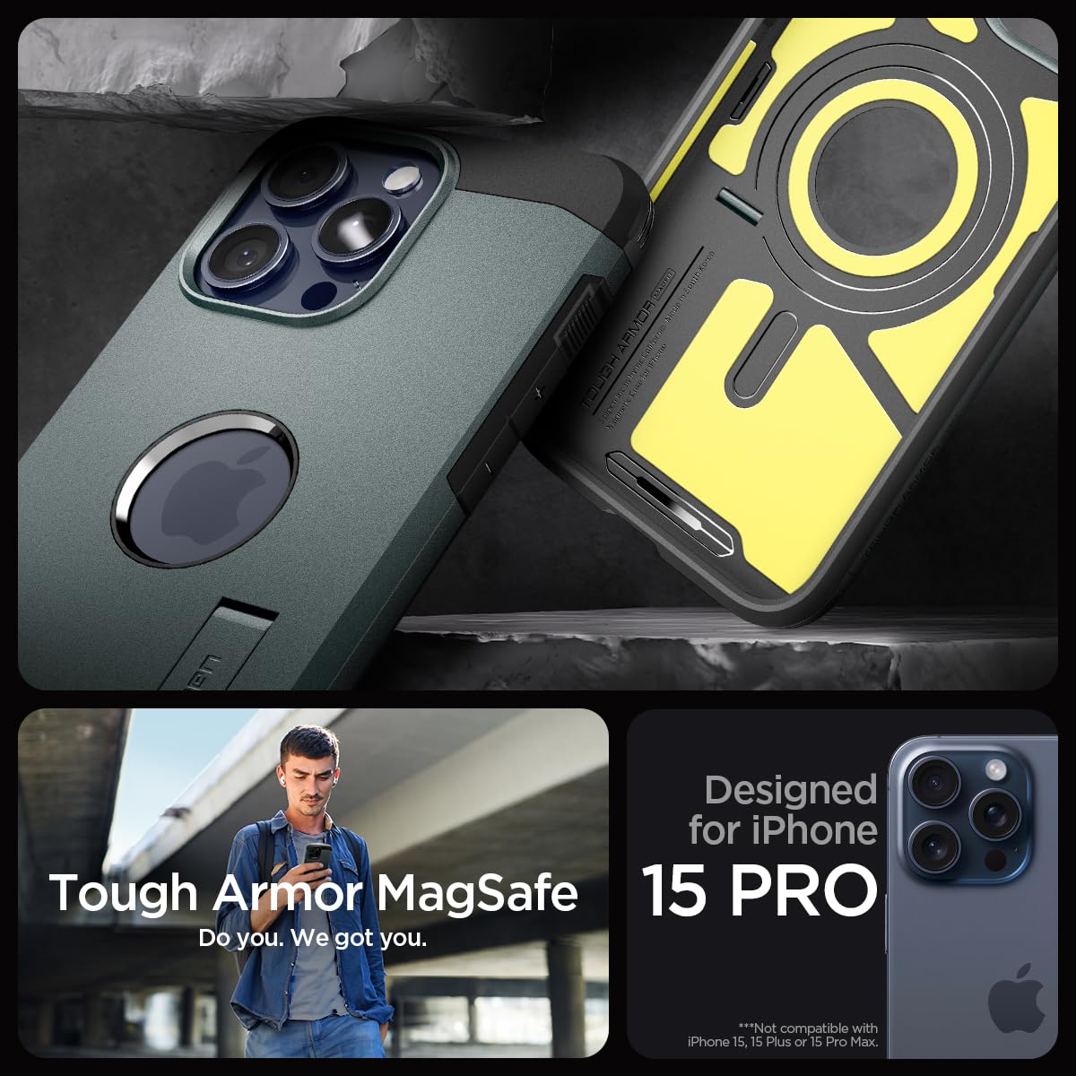 Spigen Tough Armor MagFit Designed for iPhone 15 Case (2023) [Kickstand] [Military-Grade Protection] Compatible with MagSafe - Black