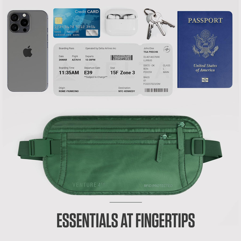 VENTURE 4TH Money Belt for Travel – Hidden Under-Clothes RFID Blocking Passport Holder & Slim Travel Wallet Pouch for Men & Women to Protect Cash, Cards & Documents (Gray)